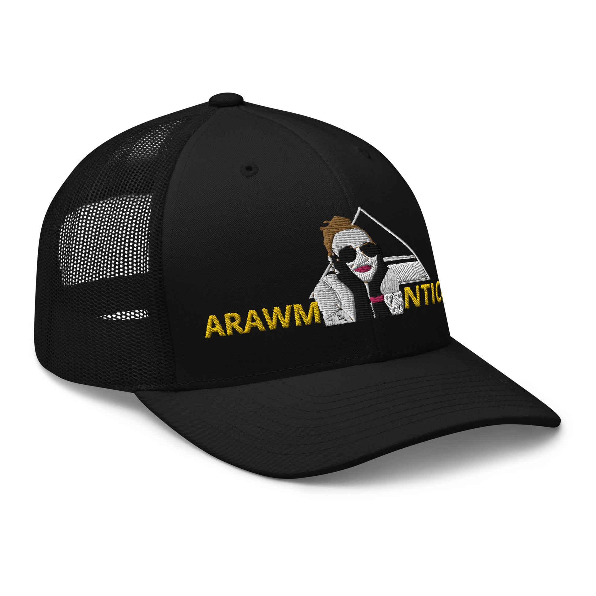 Black Trucker Cap with OMG Girl and Pyramid Design Front Embroidery - ARAWMANTICKS Right Front Mockup