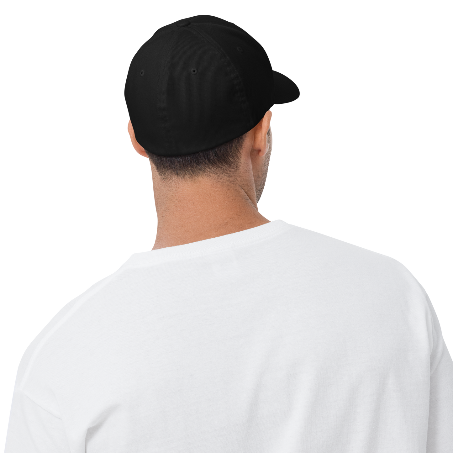 Male Model Wearing Black Structured Twill Cap with OMG Girl and Pyramid Design Back Embroidery - ARAWMANTICKS