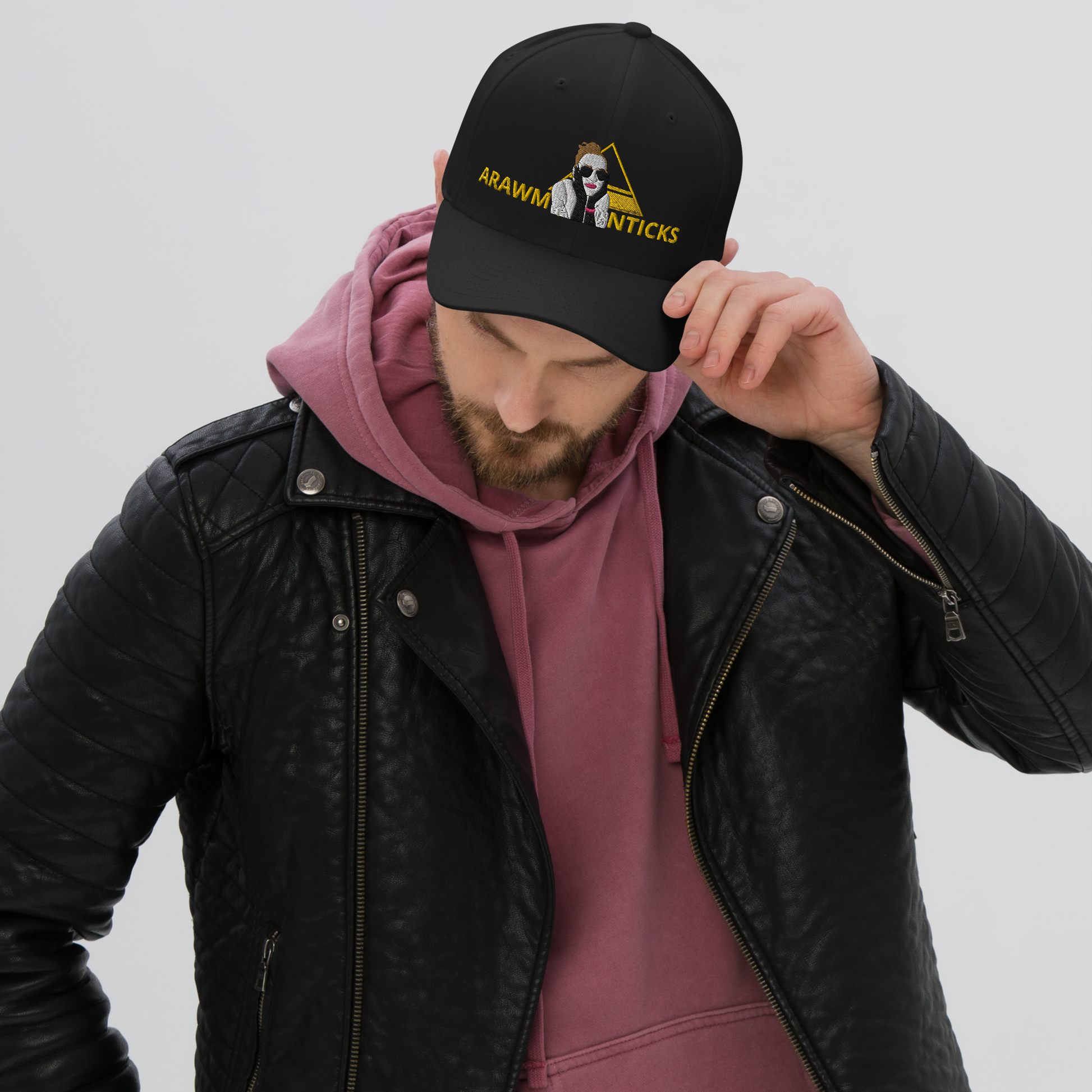 Male Model Wearing Black Structured Twill Cap with OMG Girl and Pyramid Design Front Embroidery - ARAWMANTICKS