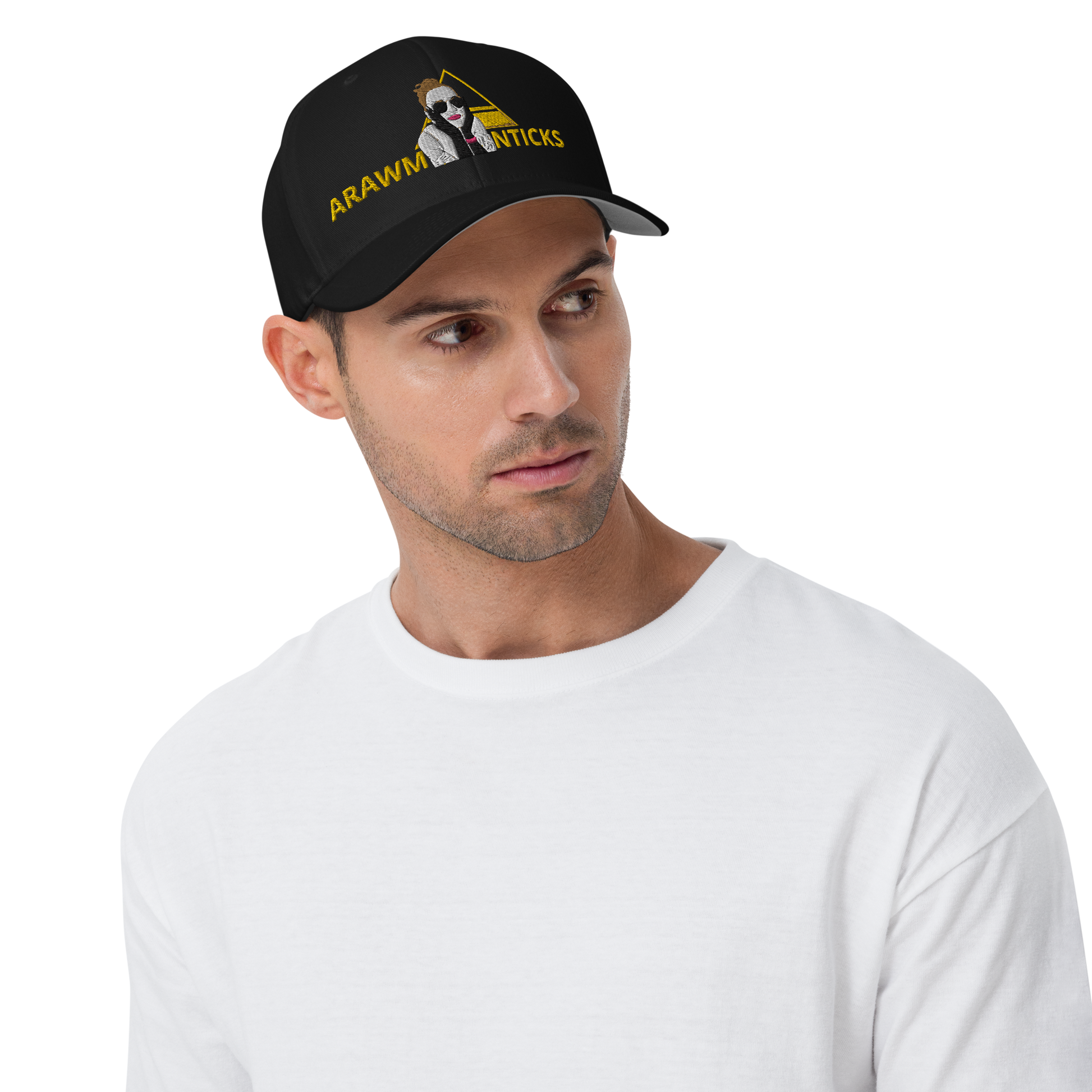 Male Model Wearing Black Structured Twill Cap with OMG Girl and Pyramid Design Front Embroidery - ARAWMANTICKS