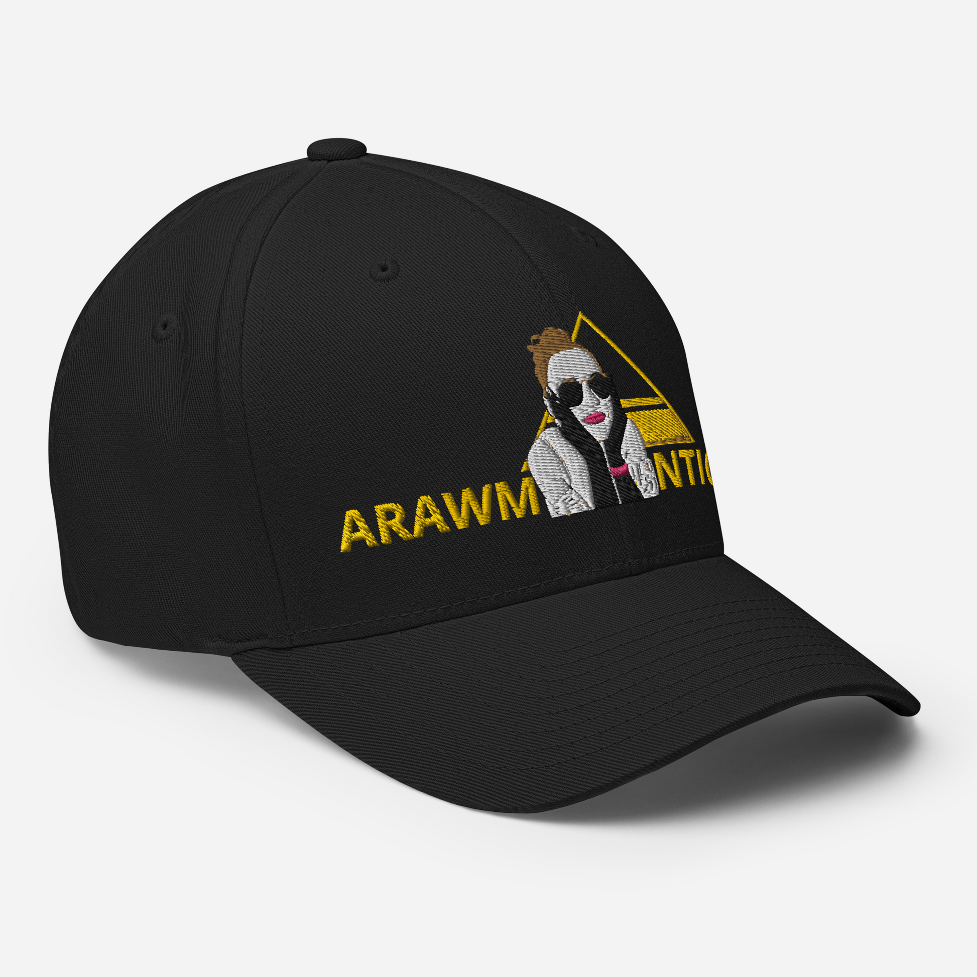Black Structured Twill Cap with OMG Girl and Pyramid Design Front Embroidery - ARAWMANTICKS Right Front Mockup