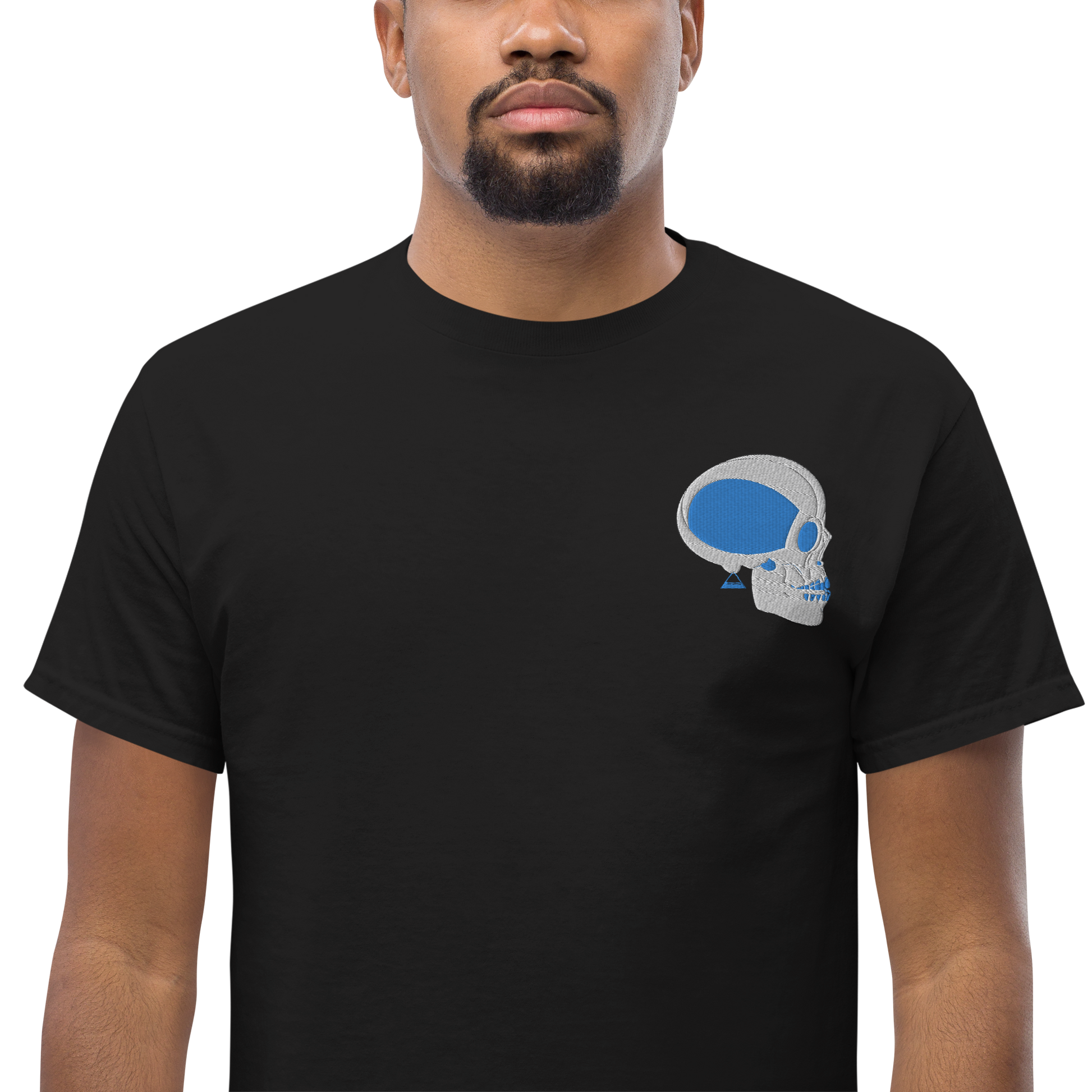 Male Model Wearing Black T-Shirt with White and Blue Skull Front Embroidery - ARAWMANTICKS