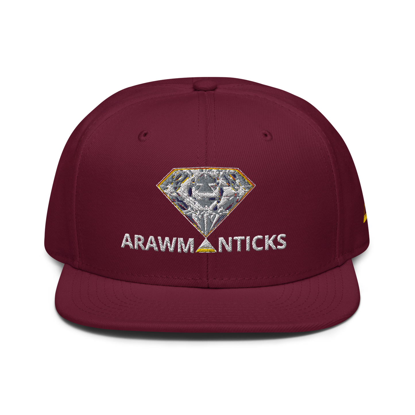 Burgundy Maroon Snapback Hat with Bright Diamond 'A' Front Embroidery - ARAWMANTICKS Front Mockup