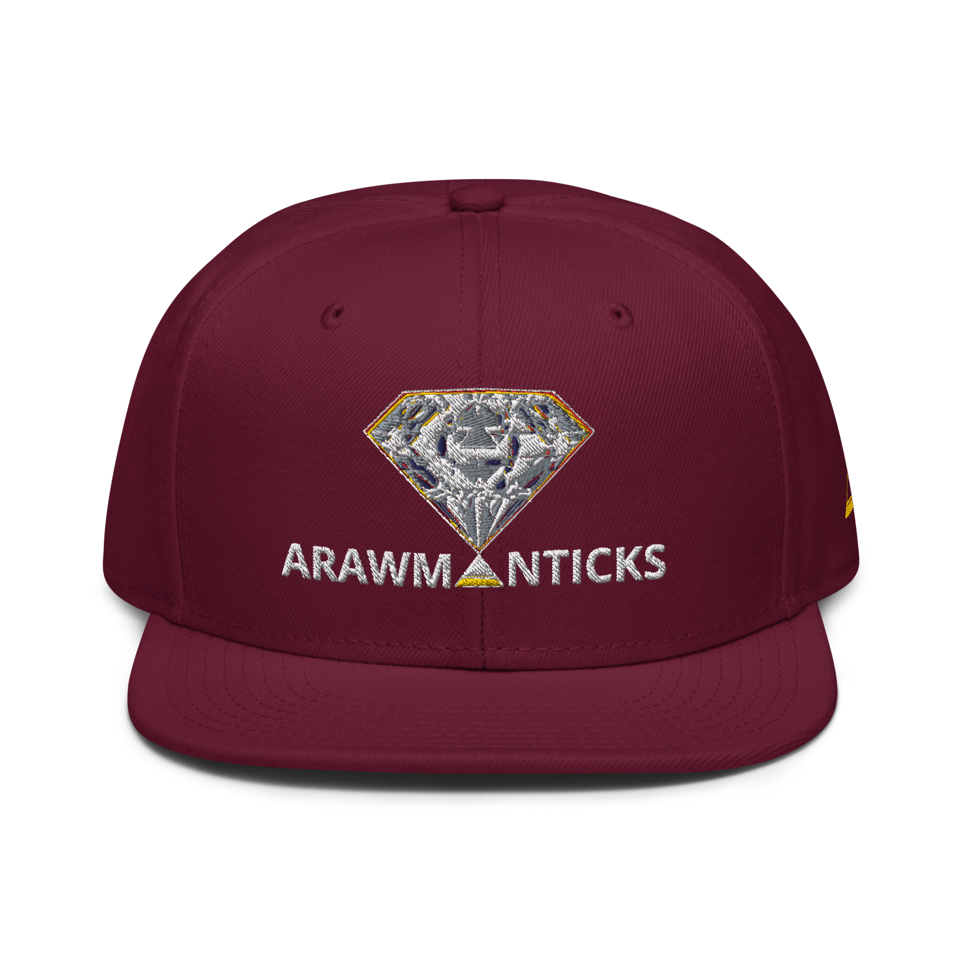 Burgundy Maroon Snapback Hat with Bright Diamond 'A' Front Embroidery - ARAWMANTICKS Front Mockup