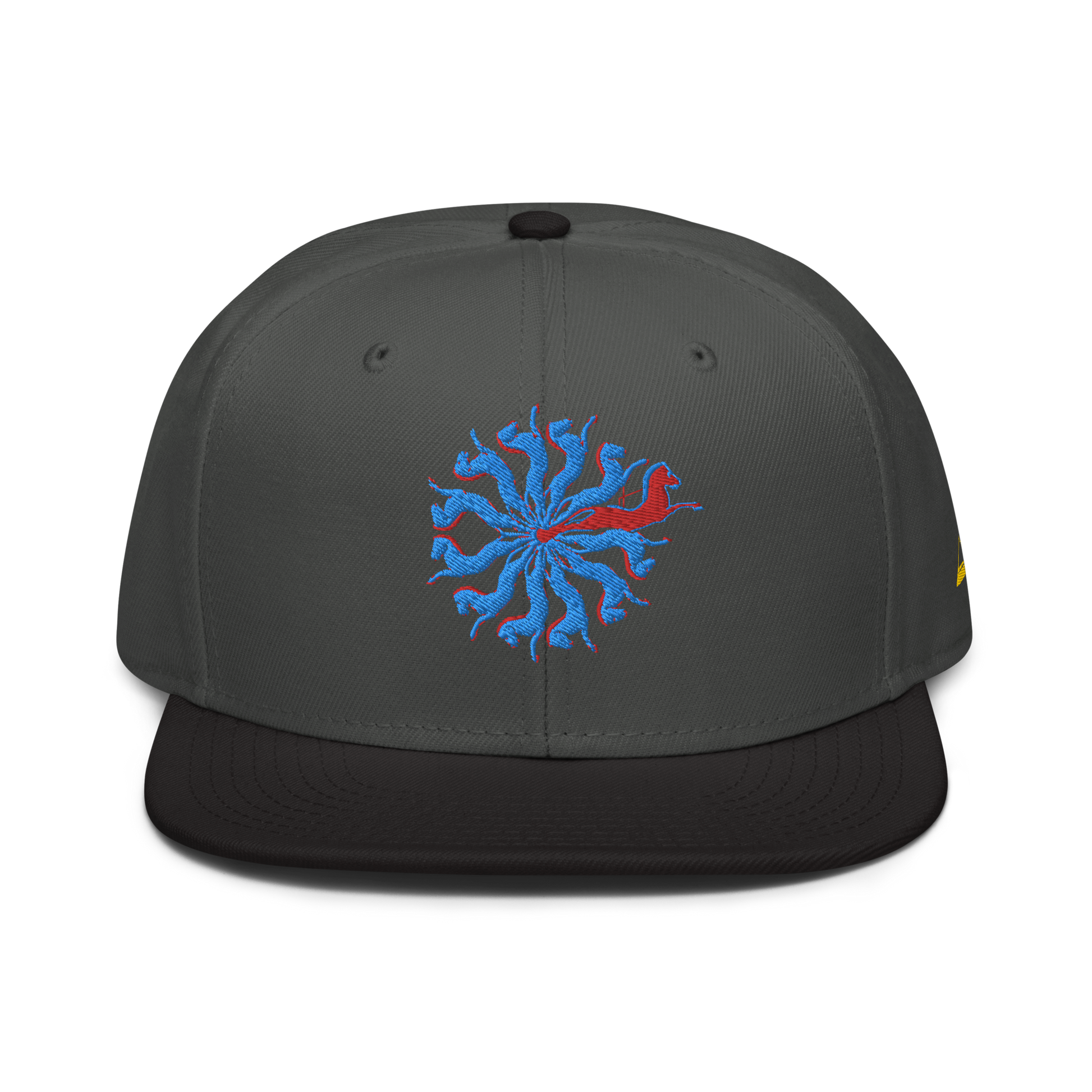 Charcoal and Black Snapback Hat with Embroidered Blue and Red Spiral Horses - ARAWMANTICKS Front Mockup