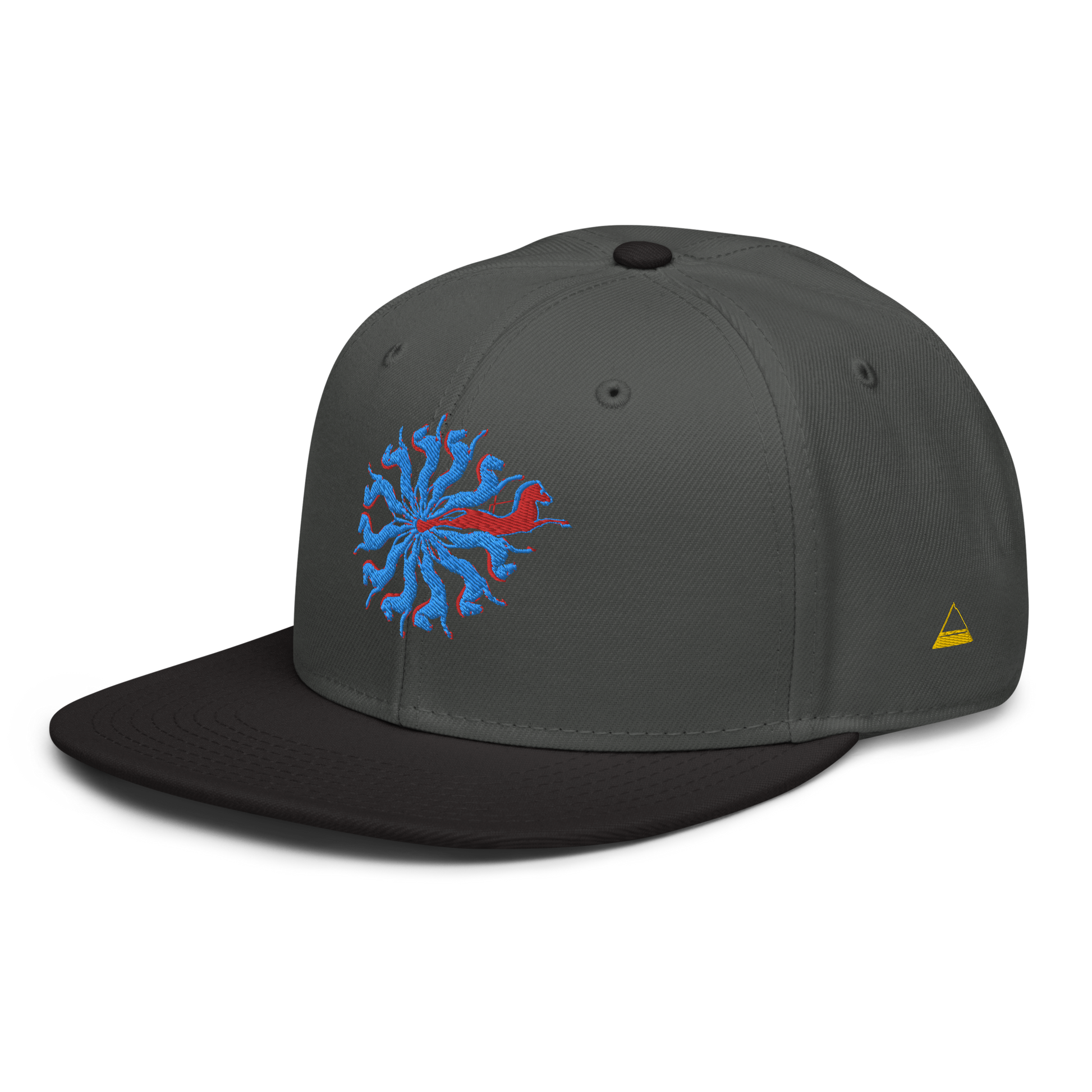 Charcoal and Black Snapback Hat with Embroidered Blue and Red Spiral Horses - ARAWMANTICKS Left Front Mockup