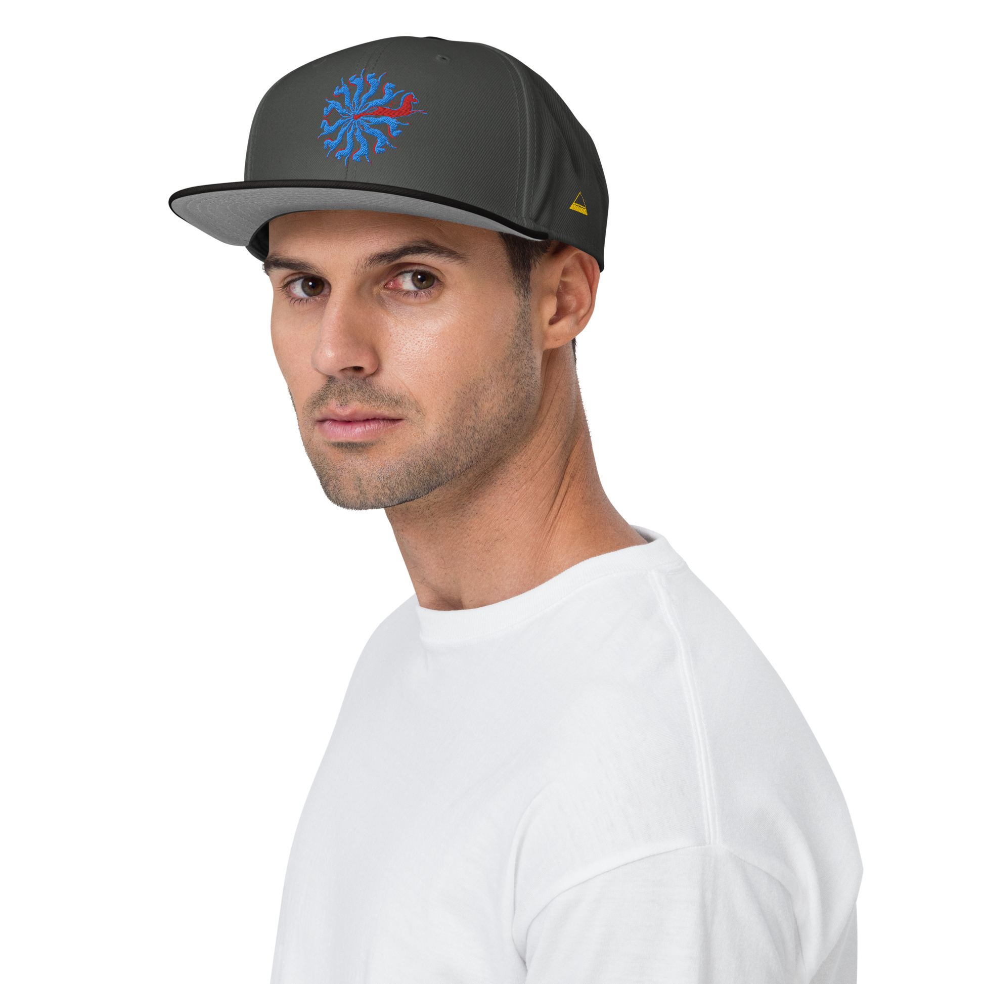 Male Model Wearing Charcoal and Black Snapback Hat with Embroidered Blue and Red Spiral Horses - ARAWMANTICKS