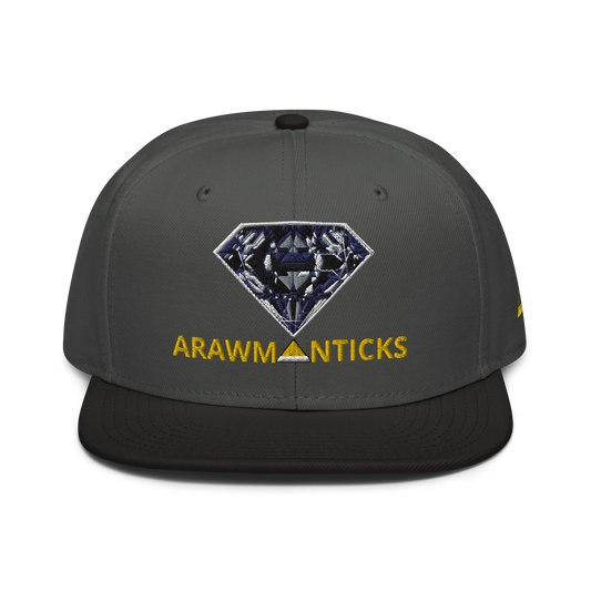 Charcoal and Black Snapback Hat with Dark Diamond 'A' Front Embroidery - ARAWMANTICKS Front Mockup