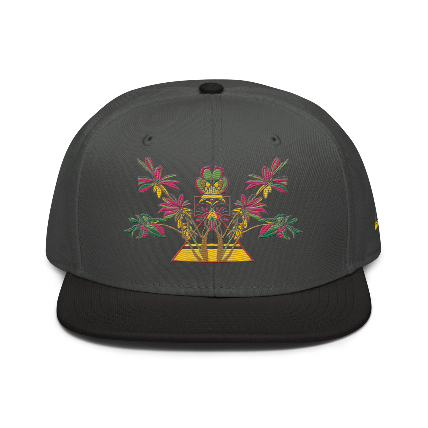 Charcoal and Black Snapback Hat with Red Floral Desert Rose Embroidery & Gold Pyramid - ARAWMANTICKS Front Mockup