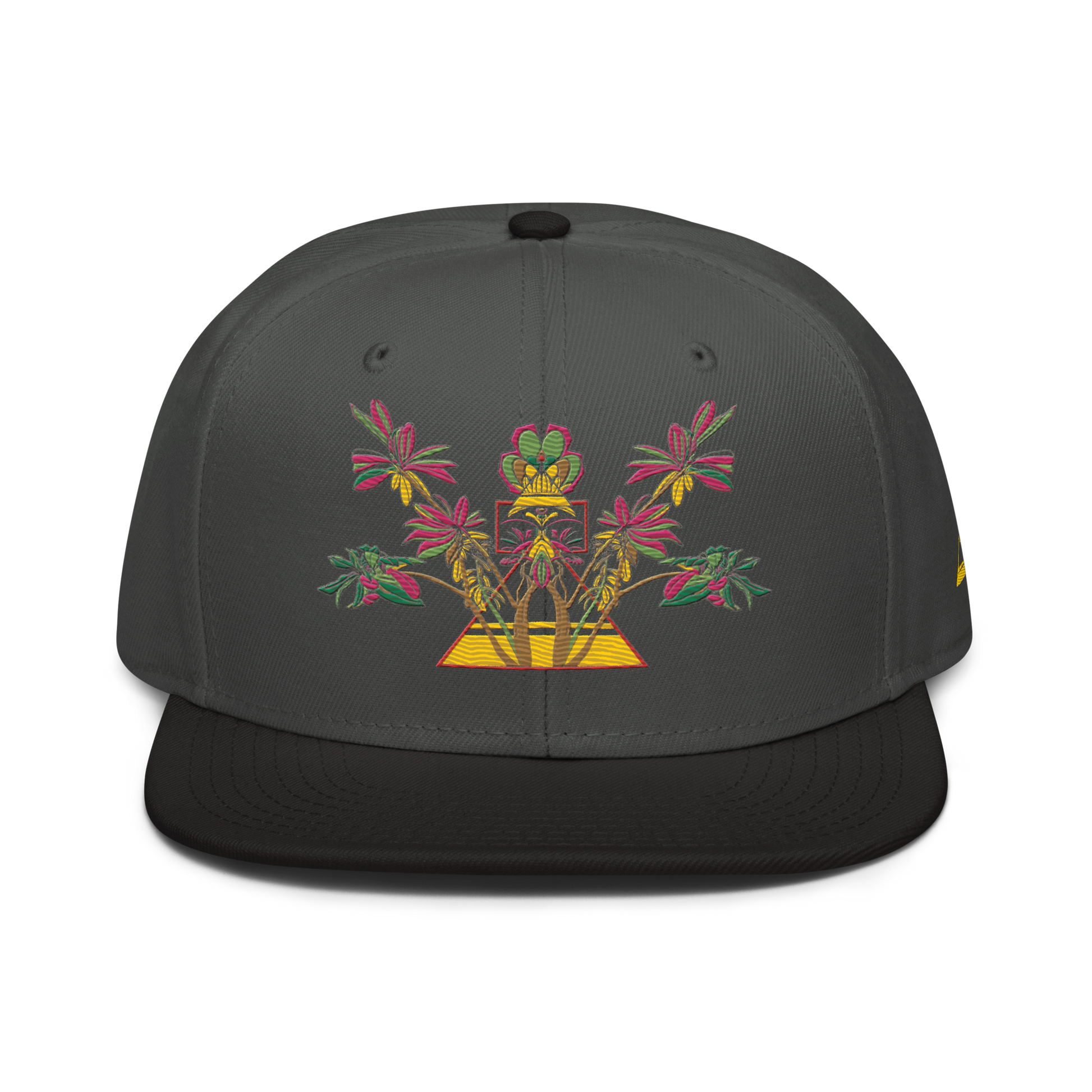 Charcoal and Black Snapback Hat with Red Floral Desert Rose Embroidery & Gold Pyramid - ARAWMANTICKS Front Mockup