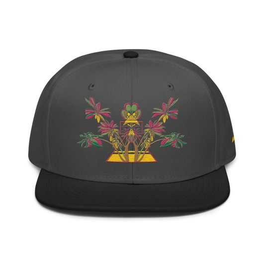 Charcoal and Black Snapback Hat with Red Floral Desert Rose Embroidery & Gold Pyramid - ARAWMANTICKS Front Mockup