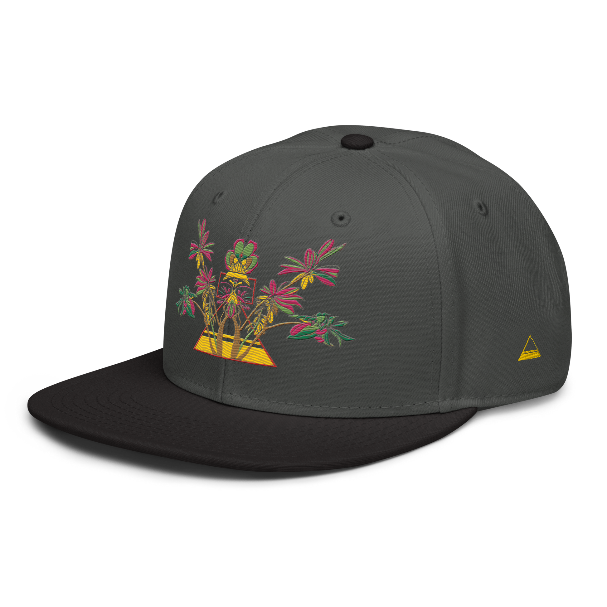 Charcoal and Black Snapback Hat with Red Floral Desert Rose Embroidery & Gold Pyramid - ARAWMANTICKS Left Front Mockup