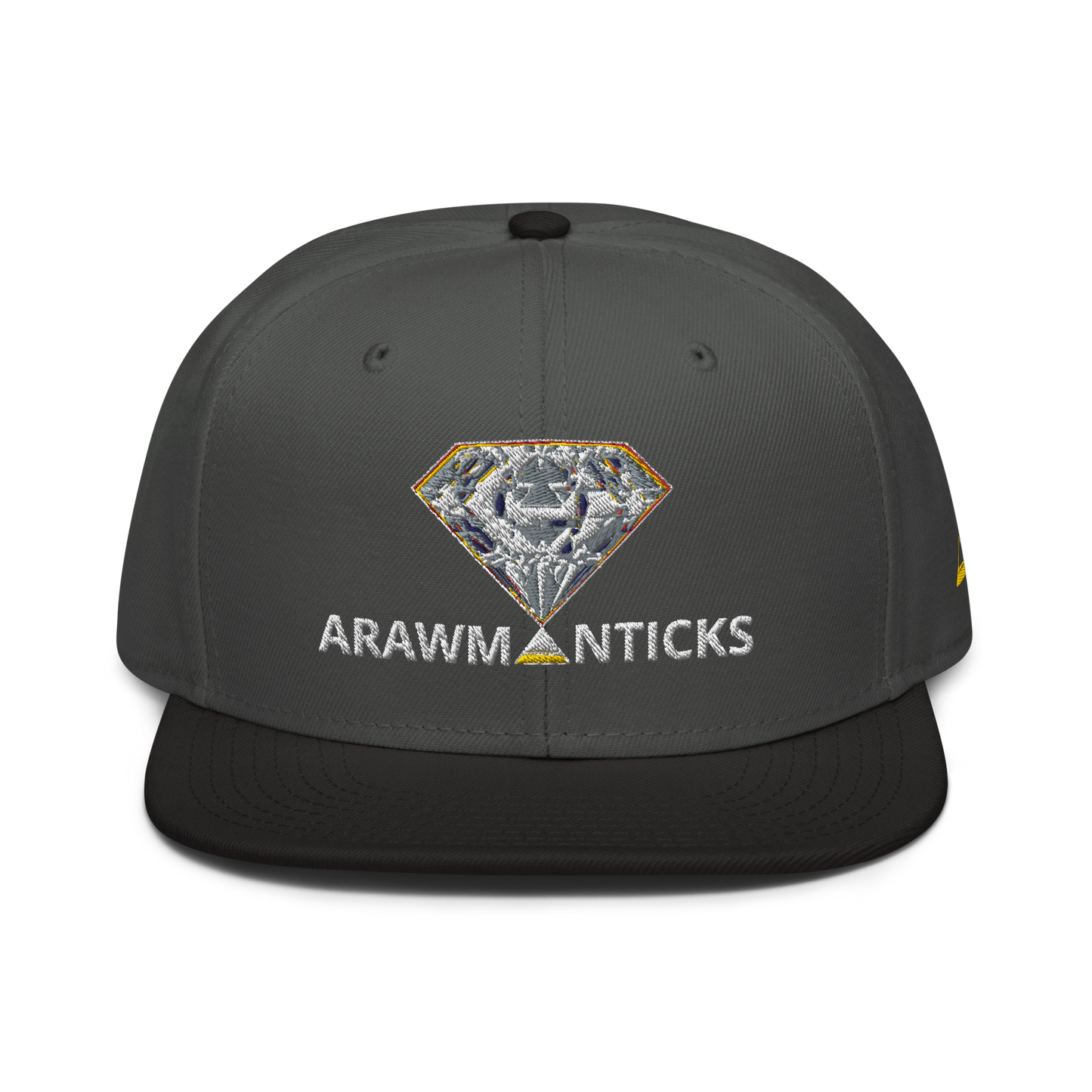 Charcoal Grey/Black Snapback Hat with Bright Diamond 'A' Front Embroidery - ARAWMANTICKS Front Mockup