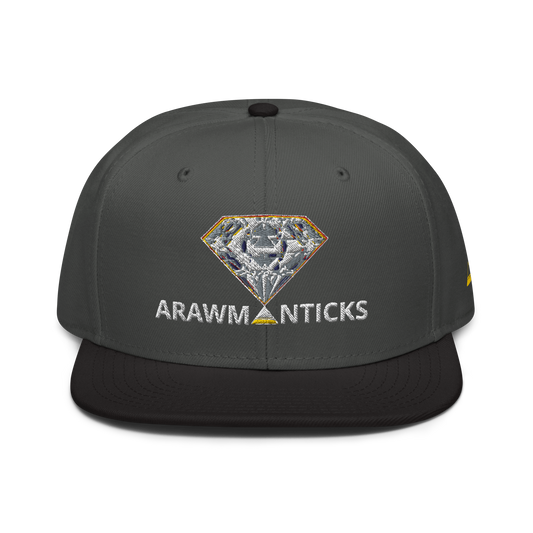 Charcoal Grey/Black Snapback Hat with Bright Diamond 'A' Front Embroidery - ARAWMANTICKS Front Mockup