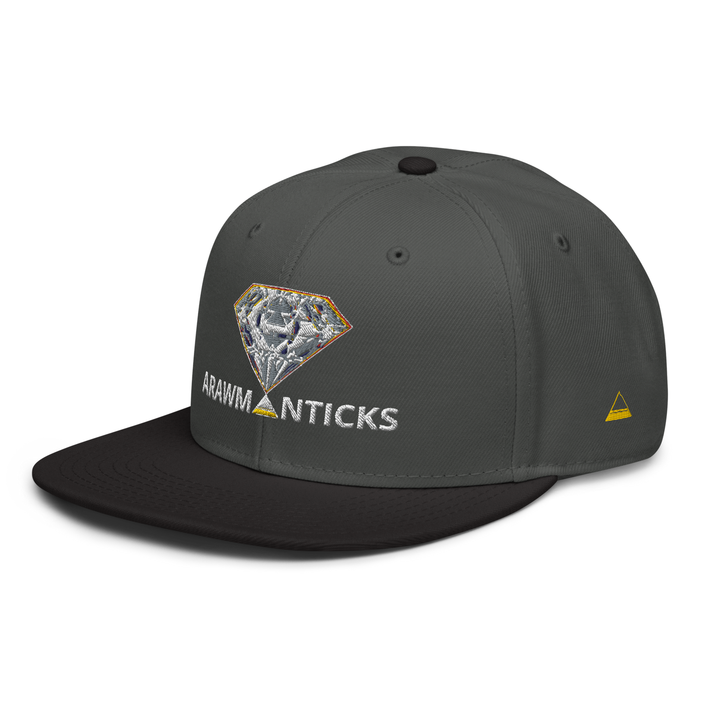 Charcoal Grey/Black Snapback Hat with Bright Diamond 'A' Front Embroidery - ARAWMANTICKS Left Front Mockup