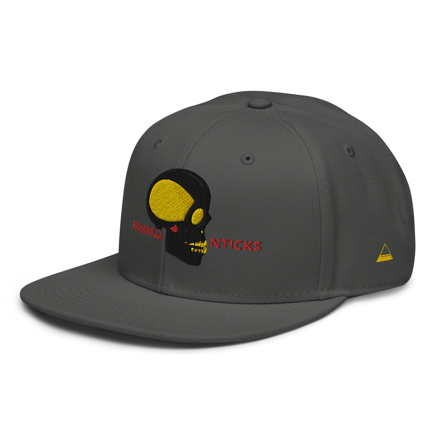 Charcoal Grey Snapback Hat with Black and Gold Skull Embroidery - ARAWMANTICKS Left Front Mockup