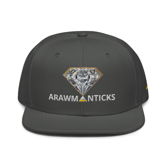 Charcoal Grey Snapback Hat with Bright Diamond 'A' Front Embroidery - ARAWMANTICKS Front Mockup