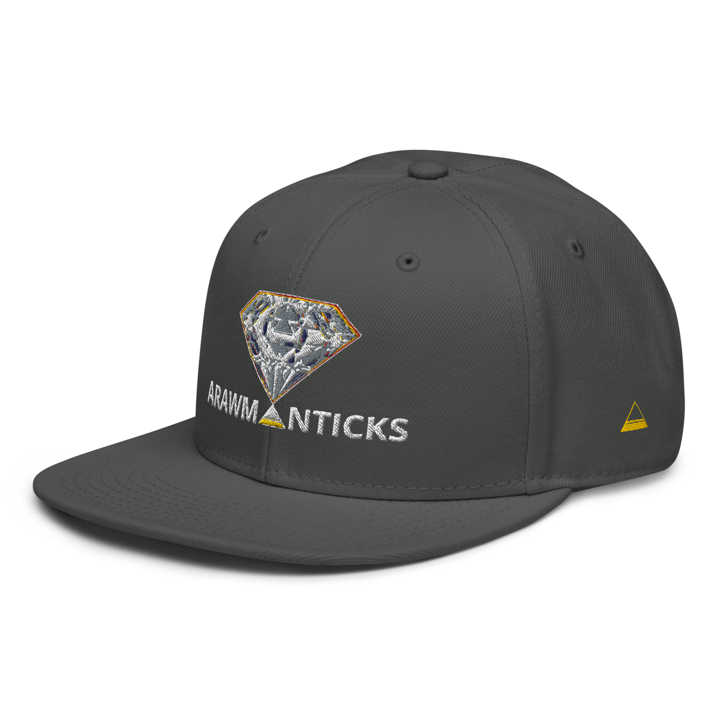 Charcoal Grey Snapback Hat with Bright Diamond 'A' Front Embroidery - ARAWMANTICKS Left Front Mockup