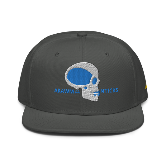 Charcoal Snapback Hat with Blue and White Skull Embroidery - ARAWMANTICKS Front Mockup