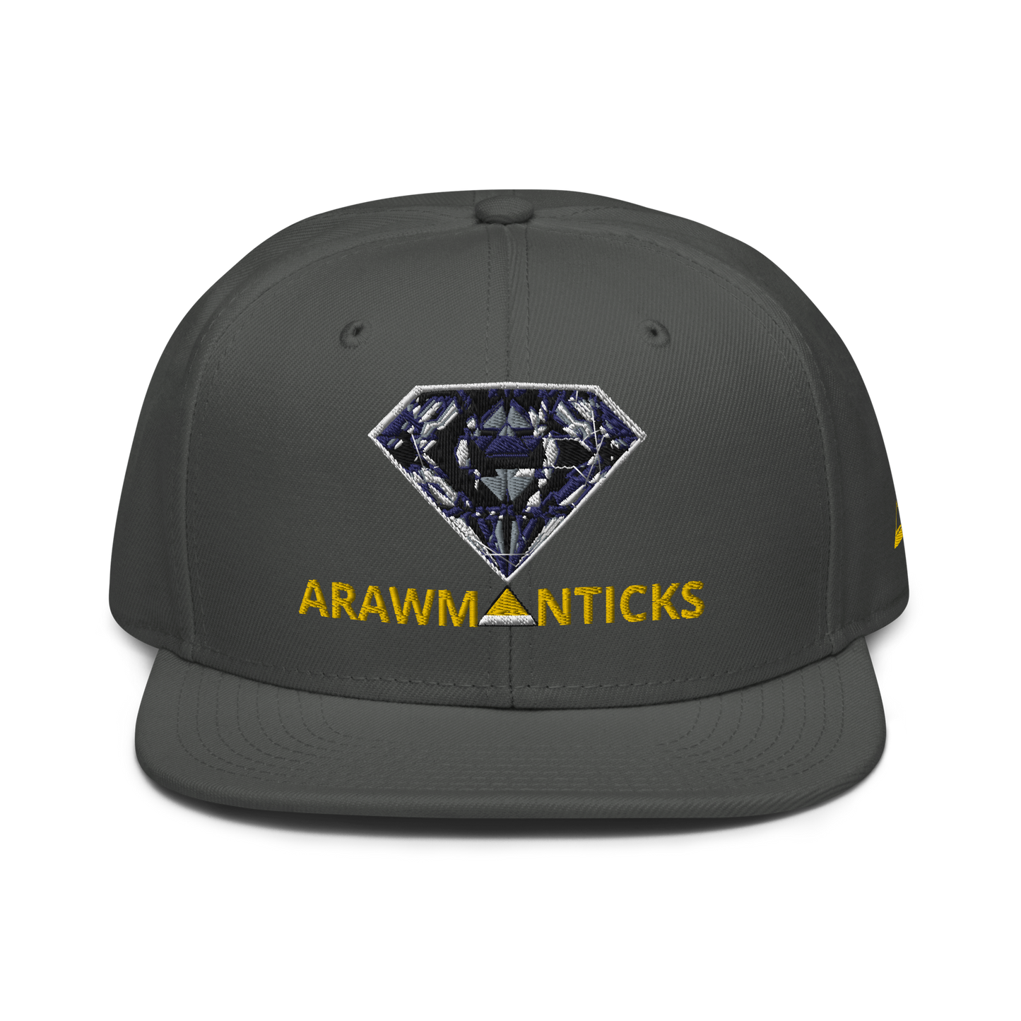 Charcoal Snapback Hat with Dark Diamond 'A' Front Embroidery - ARAWMANTICKS Front Mockup