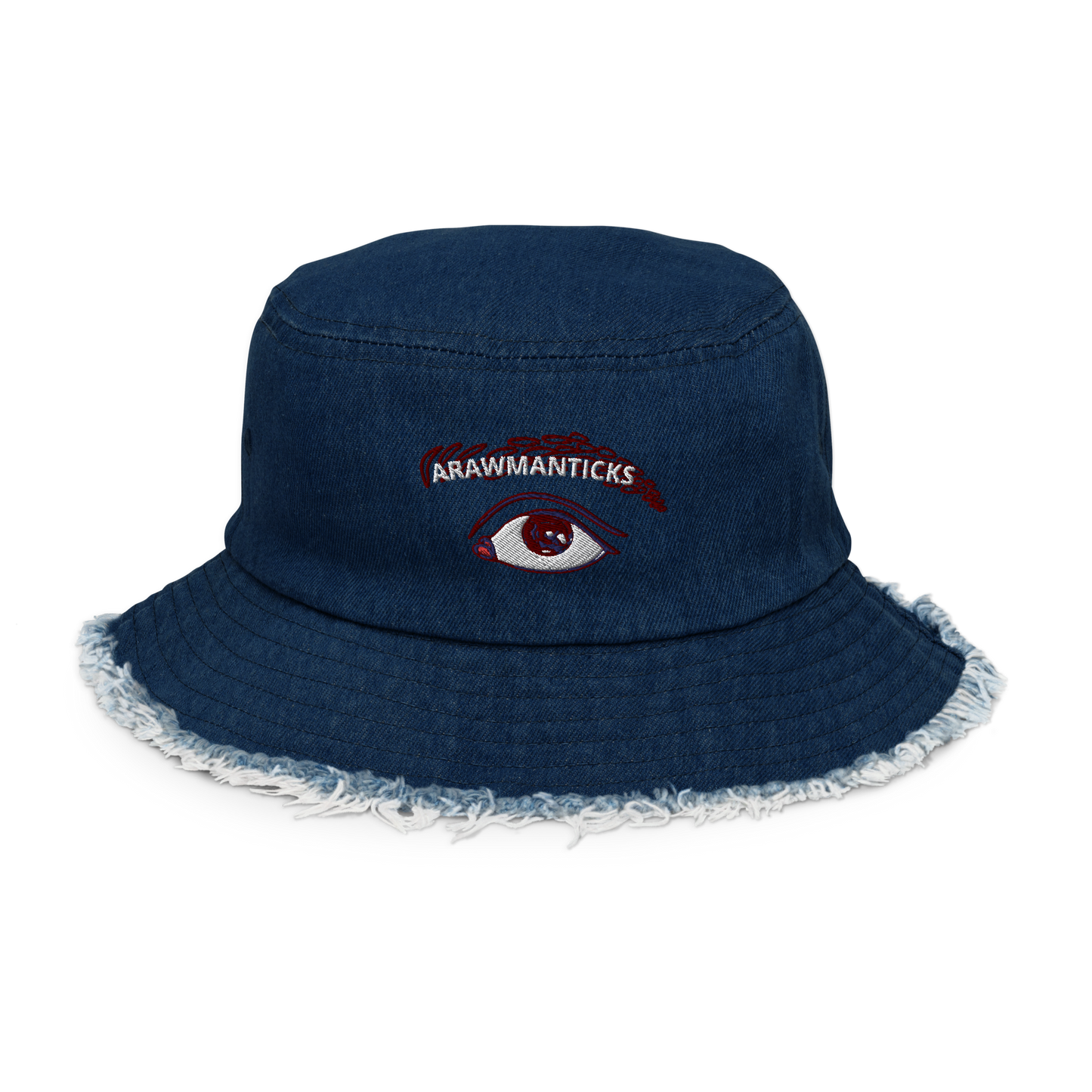 Classic Denim Distressed Bucket Hat with All Seeing Eye Embroidery - ARAWMANTICKS Front Ghost Mockup