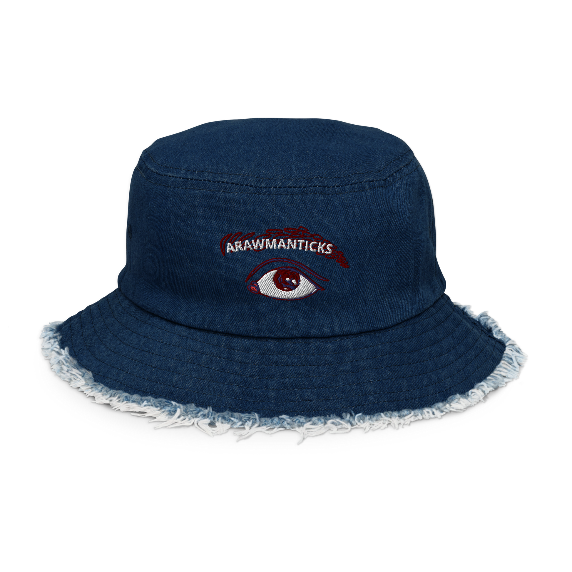 Classic Denim Distressed Bucket Hat with All Seeing Eye Embroidery - ARAWMANTICKS Front Ghost Mockup
