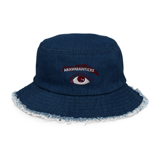 Classic Denim Distressed Bucket Hat with All Seeing Eye Embroidery - ARAWMANTICKS Front Mockup