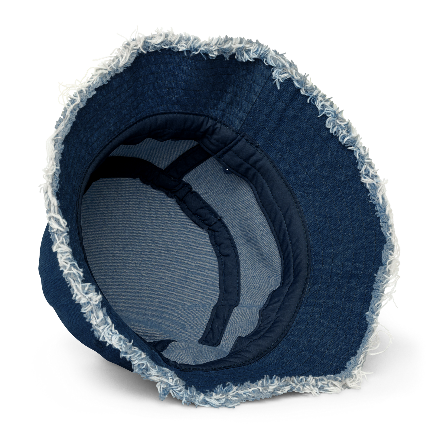 Inside Detail of Classic Denim Distressed Bucket Hat with All Seeing Eye Embroidery - ARAWMANTICKS