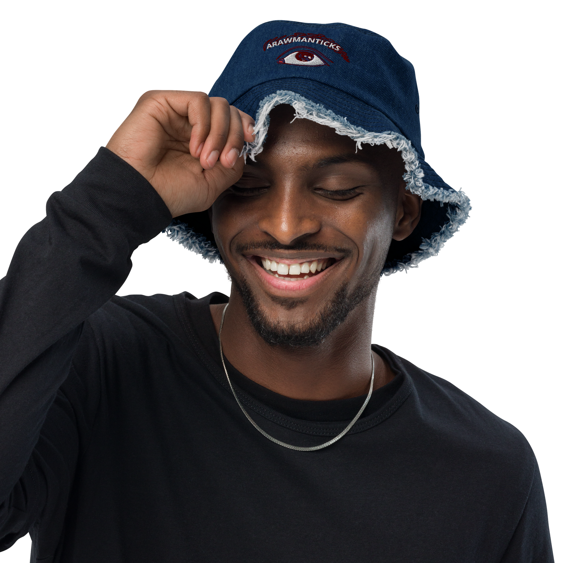 Male Model Wearing Classic Denim Distressed Bucket Hat with All Seeing Eye Embroidery - ARAWMANTICKS