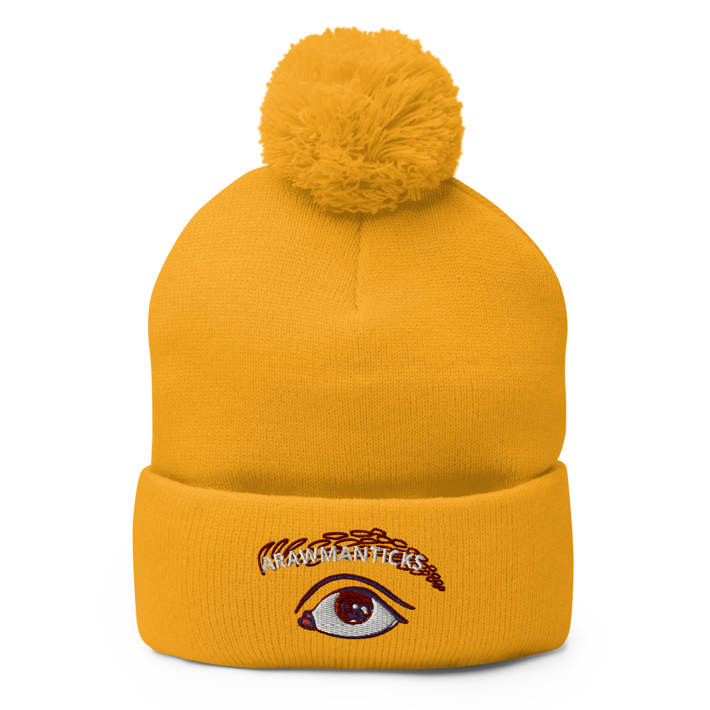 Gold Pom-Pom Beanie with Eye Embroidery - ARAWMANTICKS Front Mockup
