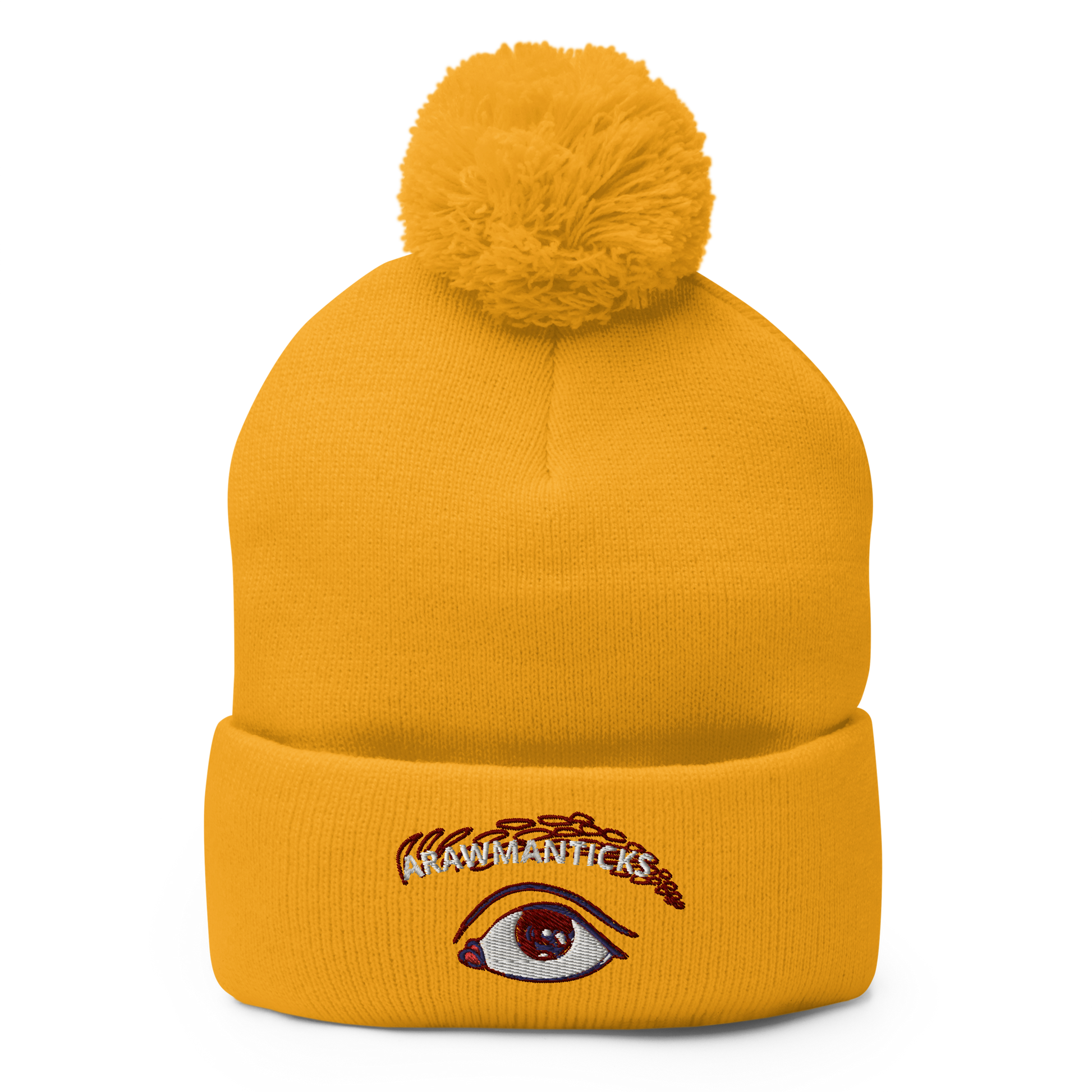 Gold Pom-Pom Beanie with Eye Embroidery - ARAWMANTICKS Front Mockup