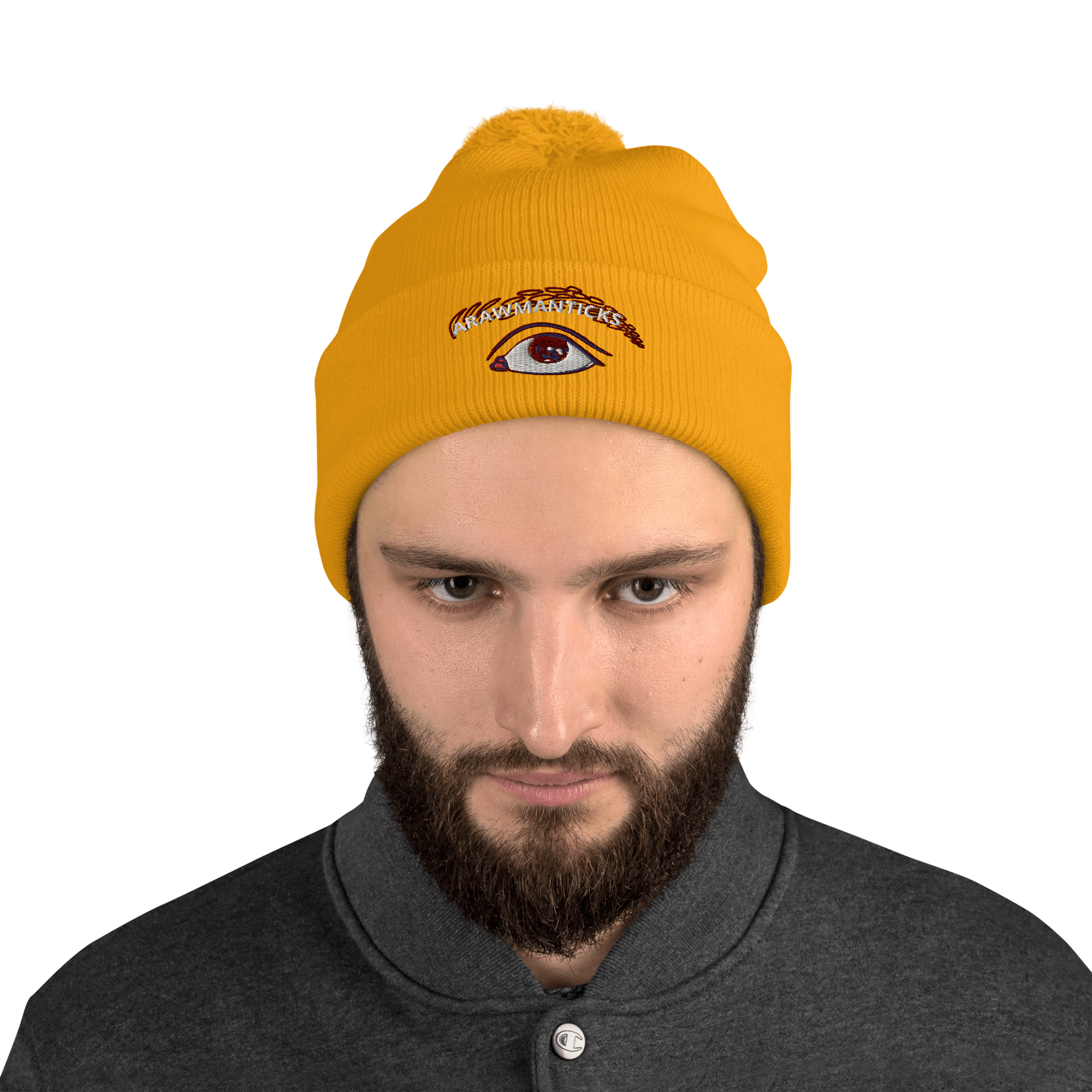 Male Model Wearing Gold Pom-Pom Beanie with Eye Embroidery - ARAWMANTICKS
