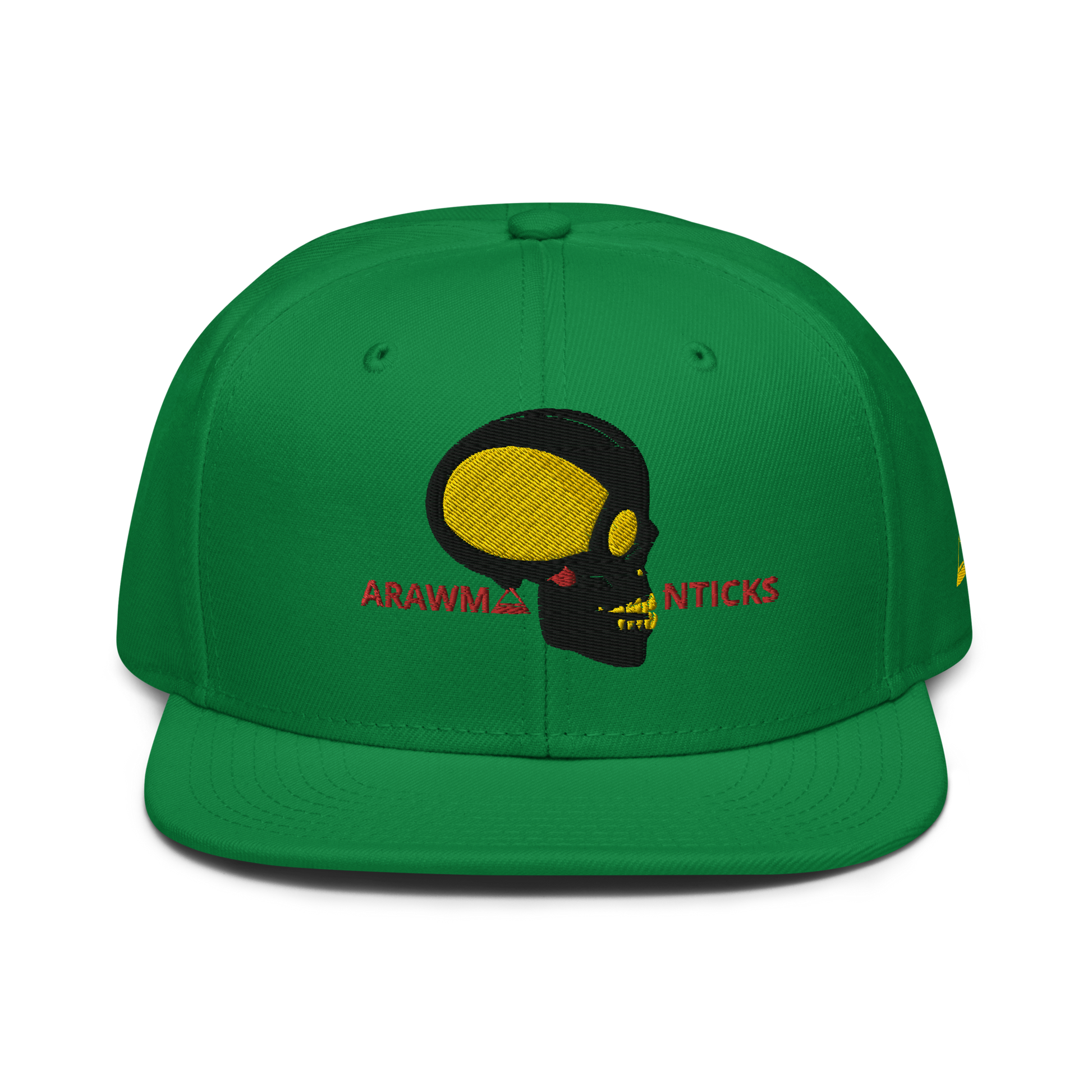 Green Snapback Hat with Black and Gold Skull Embroidery - ARAWMANTICKS Front Mockup