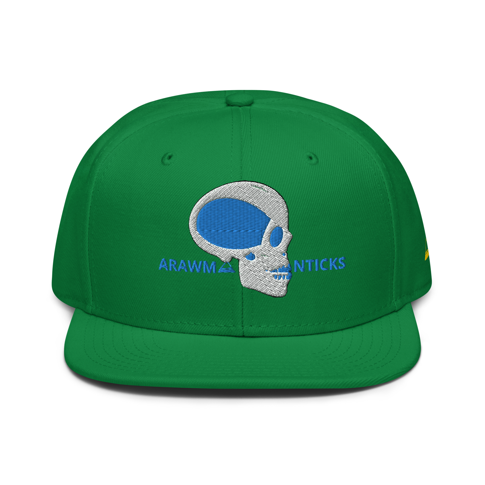 Green Snapback Hat with Blue and White Skull Embroidery - ARAWMANTICKS Front Mockup