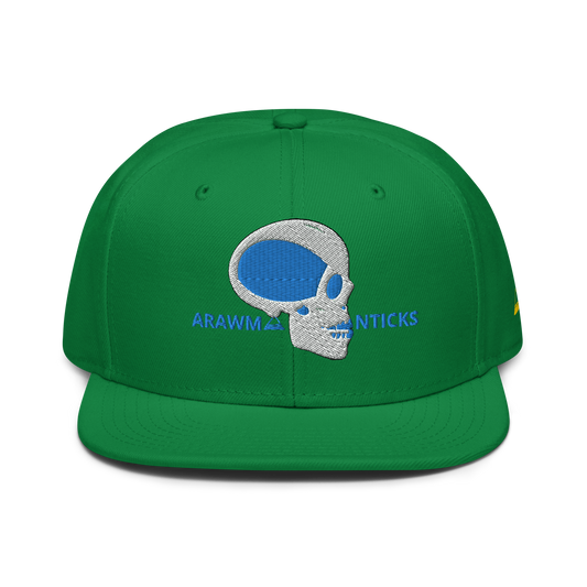 Green Snapback Hat with Blue and White Skull Embroidery - ARAWMANTICKS Front Mockup