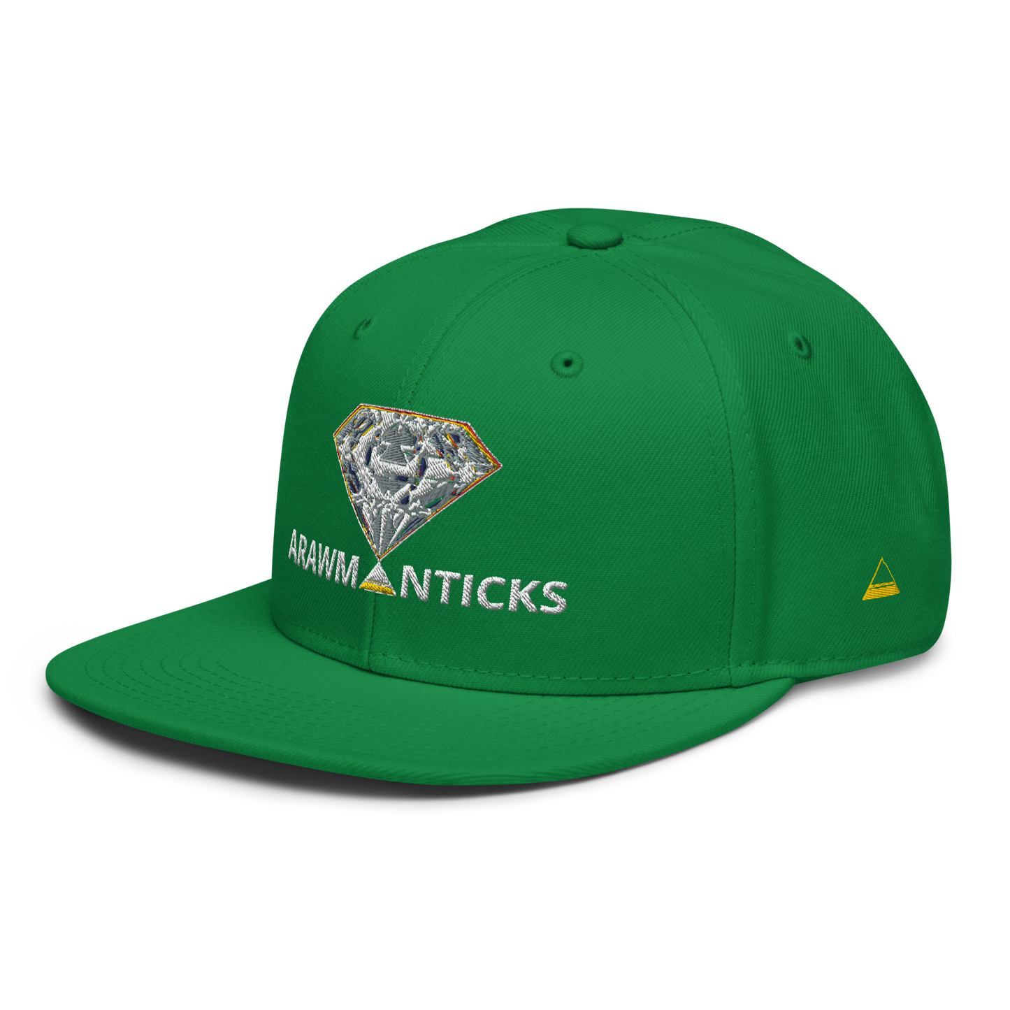 Green Snapback Hat with Bright Diamond 'A' Front Embroidery - ARAWMANTICKS Left Front Mockup