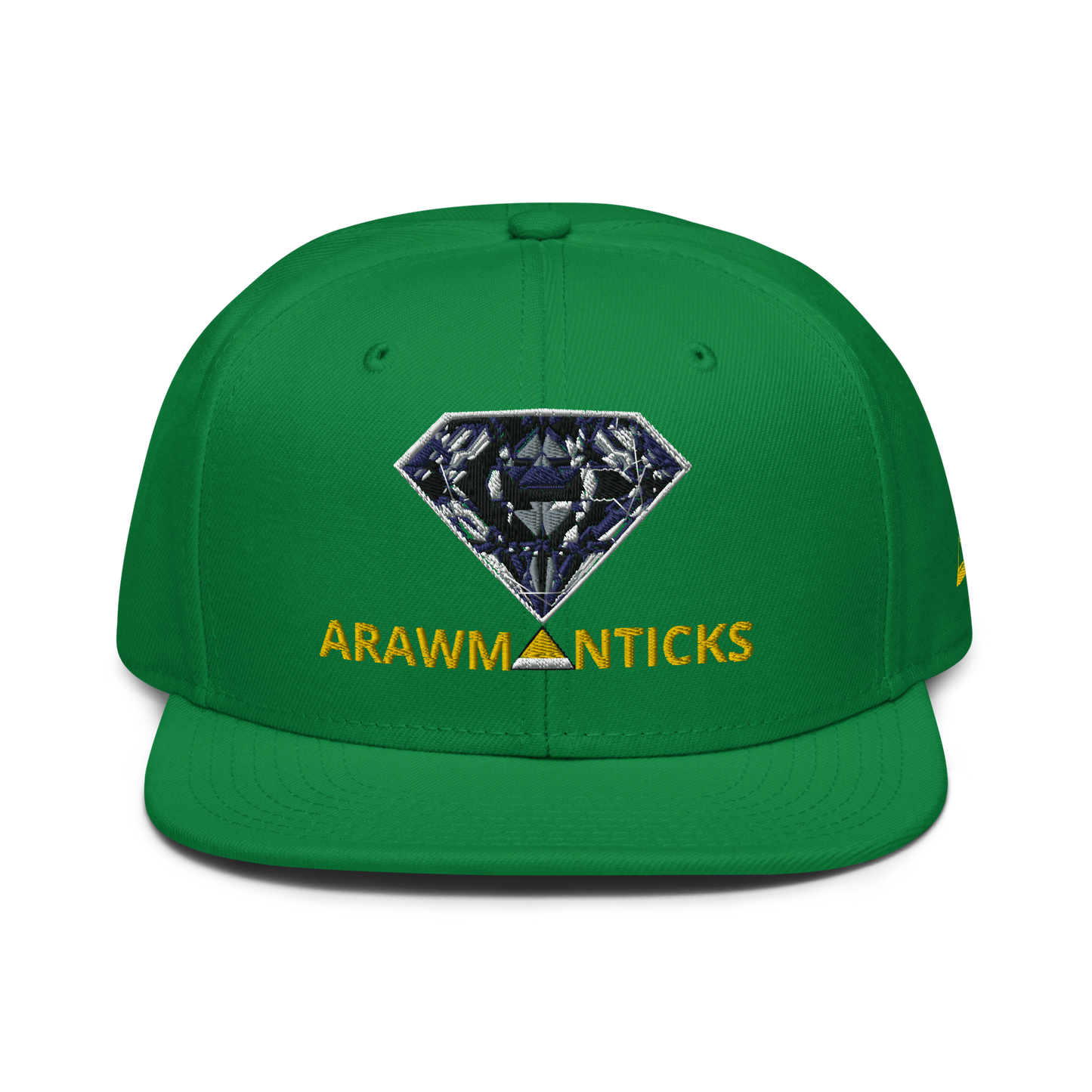 Green Snapback Hat with Dark Diamond 'A' Front Embroidery - ARAWMANTICKS Front Mockup
