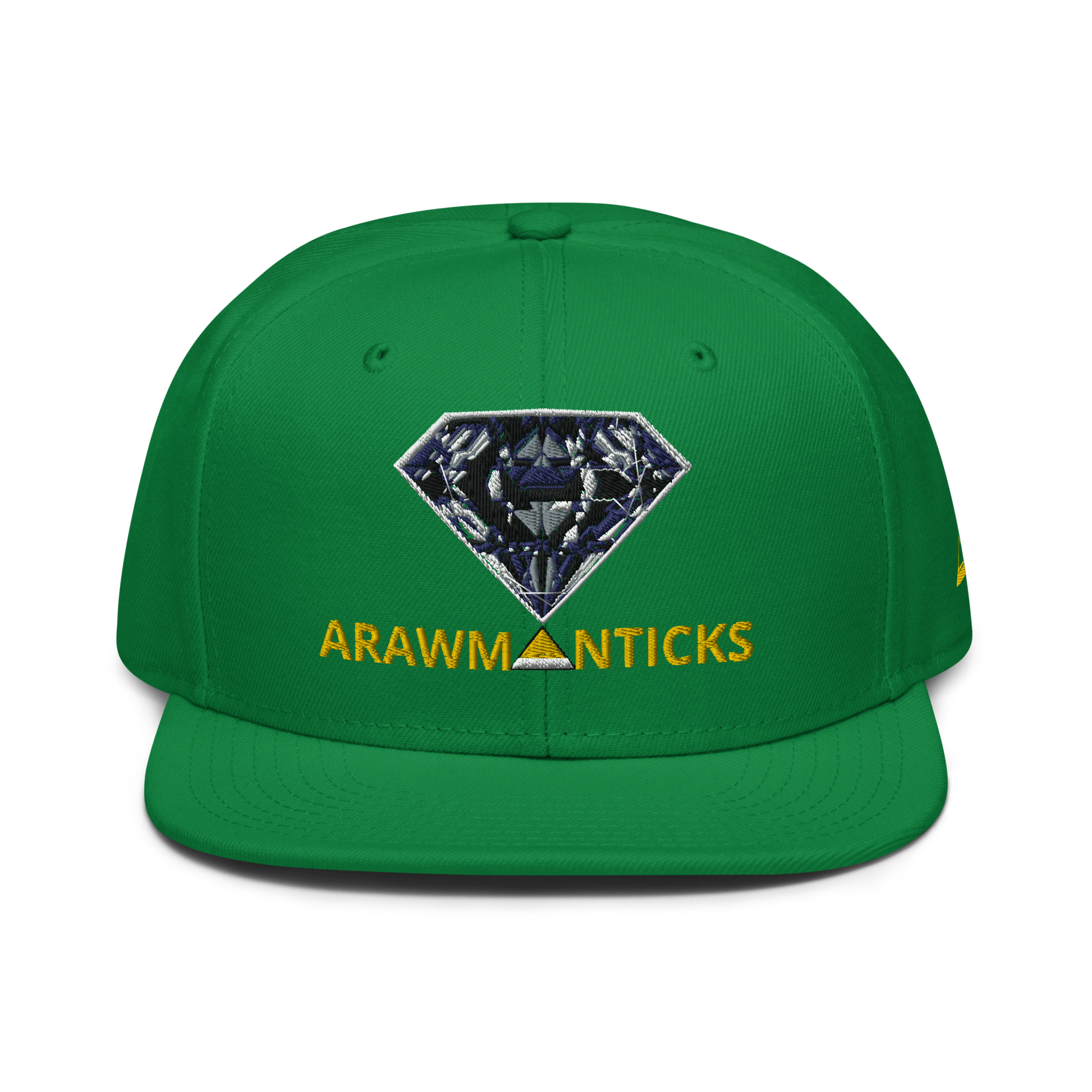 Green Snapback Hat with Dark Diamond 'A' Front Embroidery - ARAWMANTICKS Front Mockup