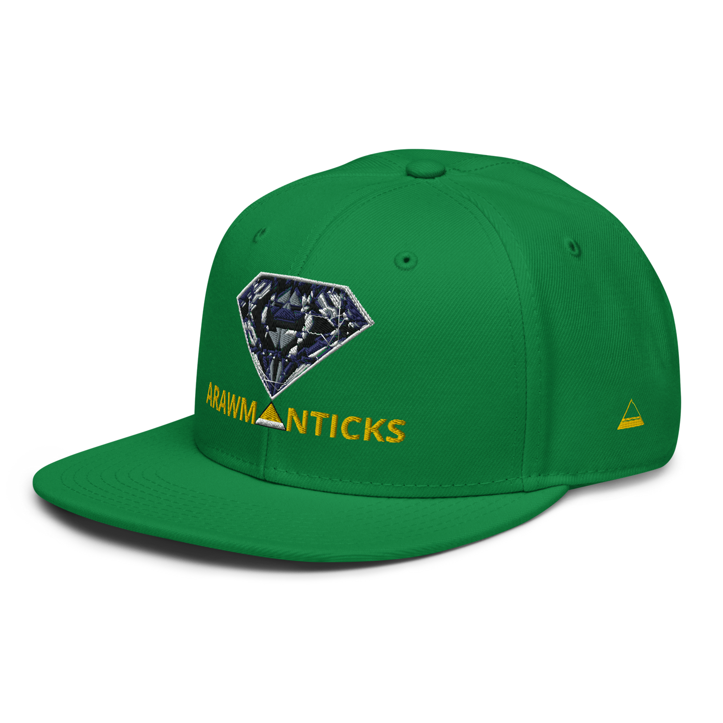 Green Snapback Hat with Dark Diamond 'A' Front Embroidery - ARAWMANTICKS Left Front Mockup