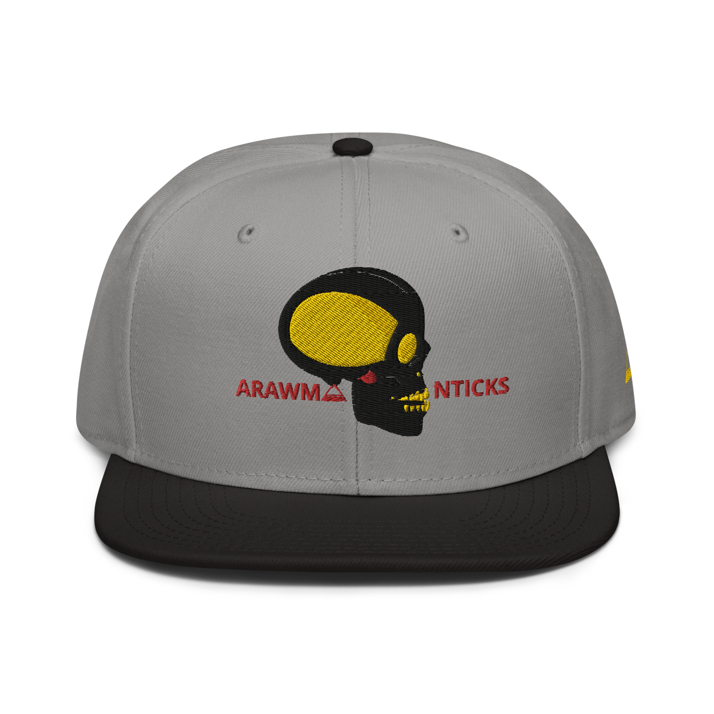 Grey and Black Snapback Hat with Black and Gold Skull Embroidery - ARAWMANTICKS Front Mockup
