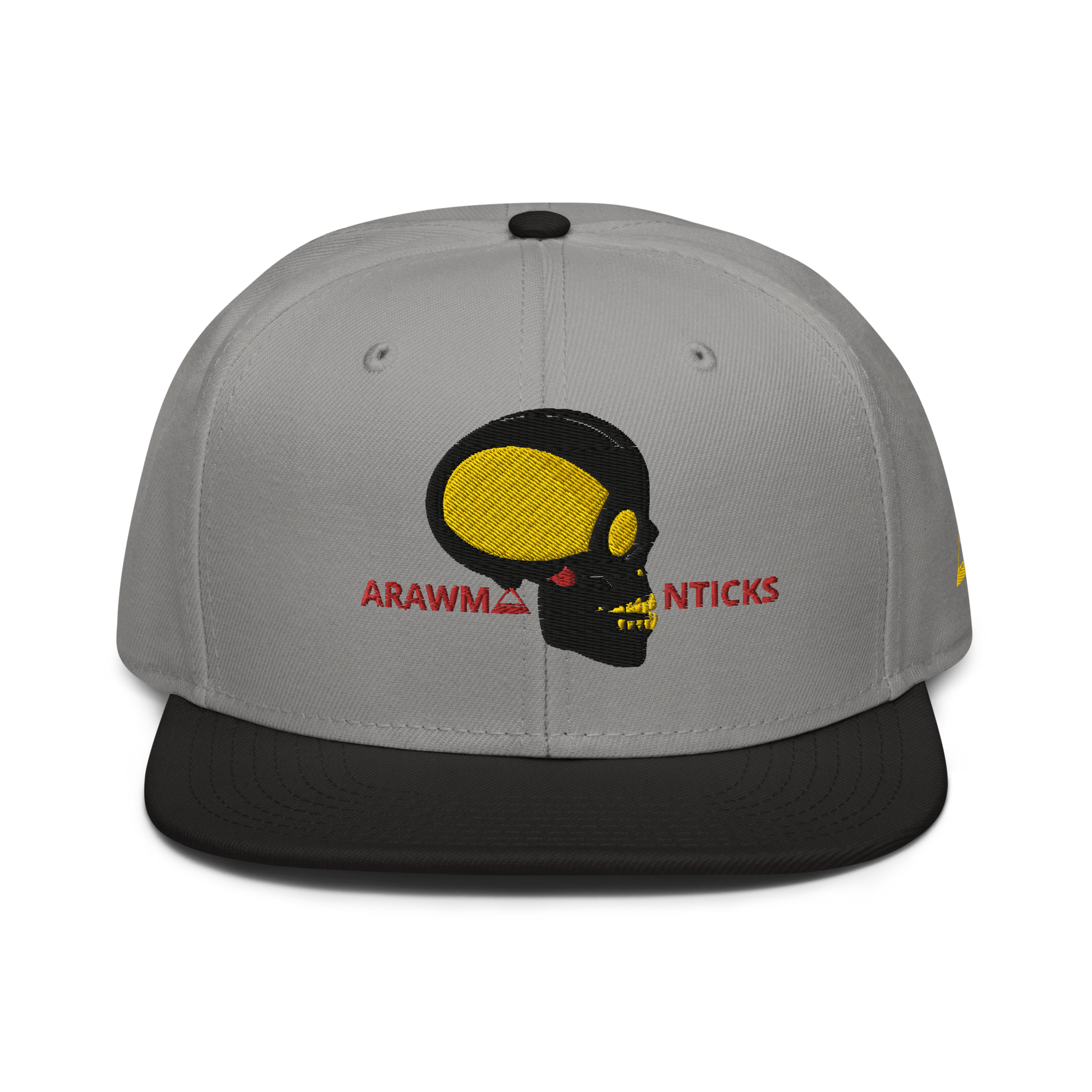 Grey and Black Snapback Hat with Black and Gold Skull Embroidery - ARAWMANTICKS Front Mockup