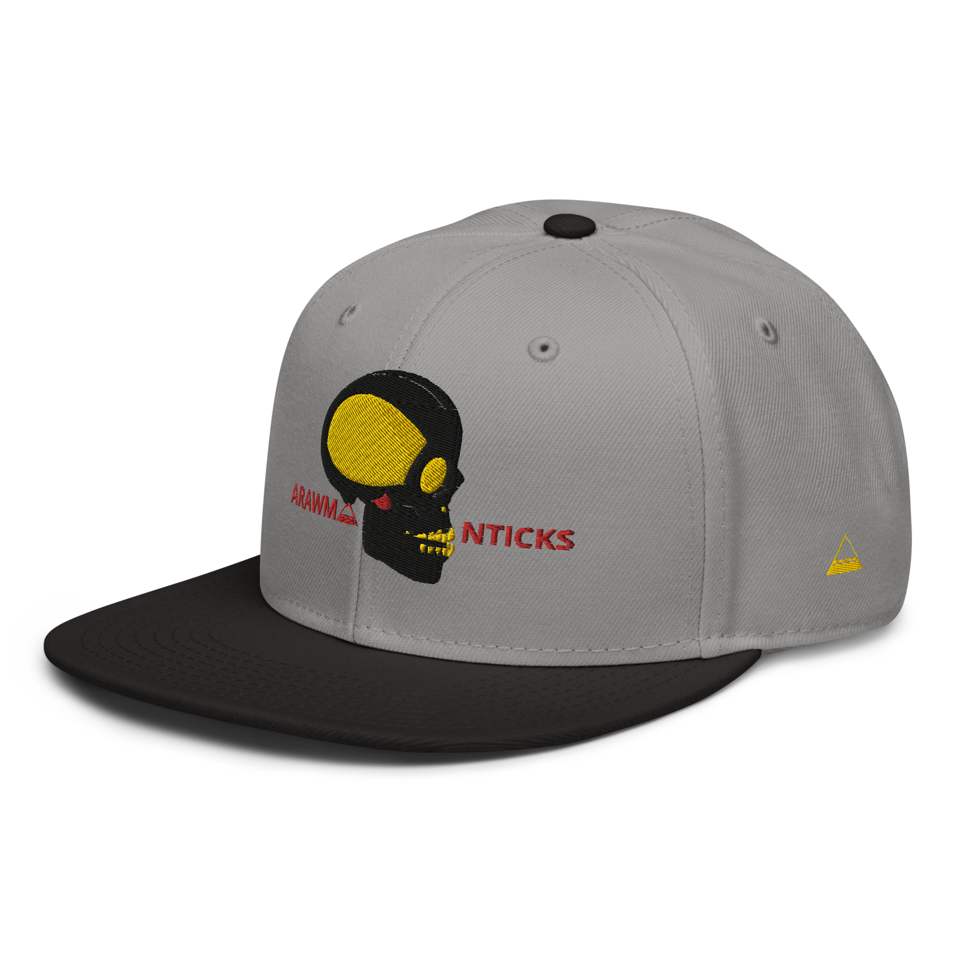 Grey and Black Snapback Hat with Black and Gold Skull Embroidery - ARAWMANTICKS Left Front Mockup