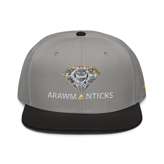 Grey and Black Snapback Hat with Bright Diamond 'A' Front Embroidery - ARAWMANTICKS Front Mockup