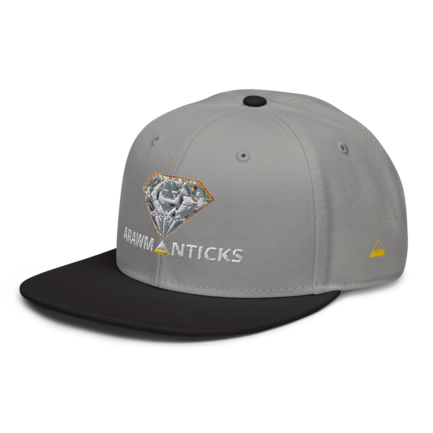 Grey and Black Snapback Hat with Bright Diamond 'A' Front Embroidery - ARAWMANTICKS Left Front Mockup