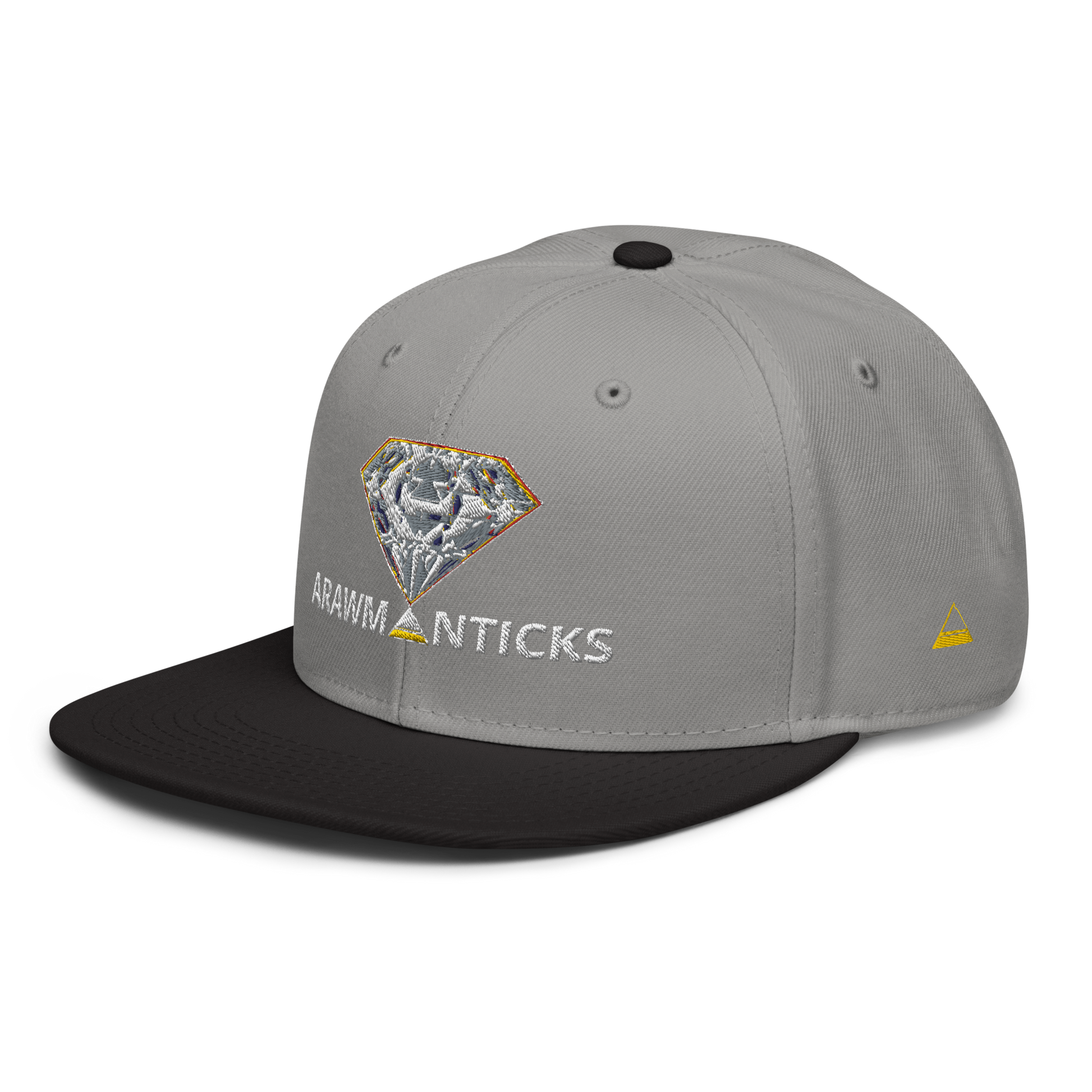 Grey and Black Snapback Hat with Bright Diamond 'A' Front Embroidery - ARAWMANTICKS Left Front Mockup