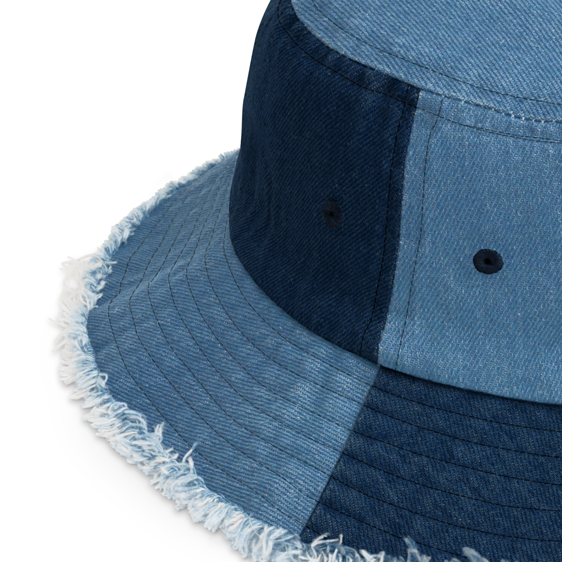 Light & Classic Denim Distressed Bucket Hat with All Seeing Eye Embroidery - ARAWMANTICKS Back Mockup