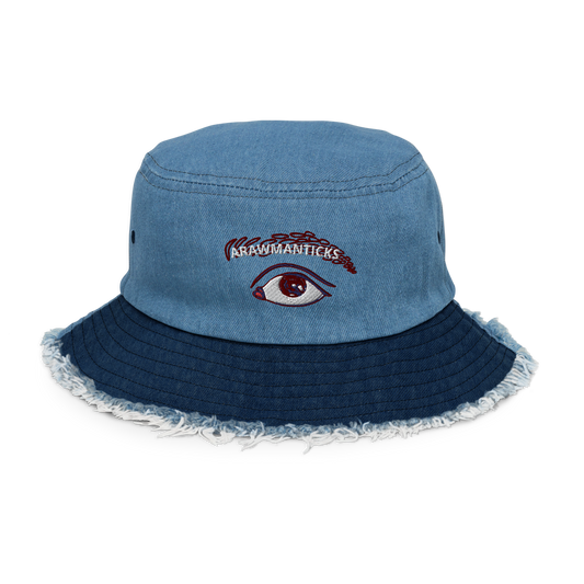 Light & Classic Denim Distressed Bucket Hat with All Seeing Eye Embroidery - ARAWMANTICKS Front Mockup