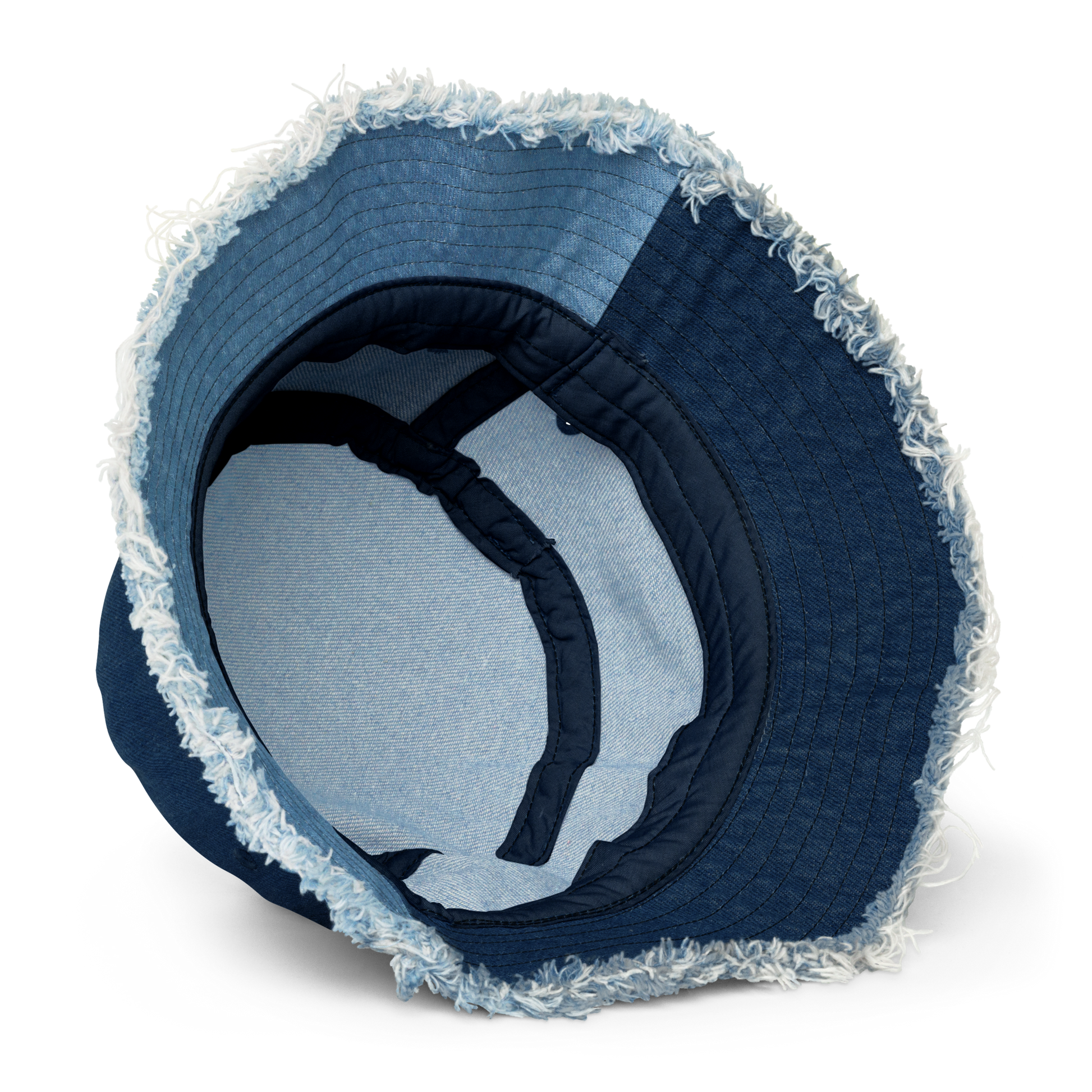 Inside Detail of Light & Classic Denim Distressed Bucket Hat with All Seeing Eye Embroidery - ARAWMANTICKS