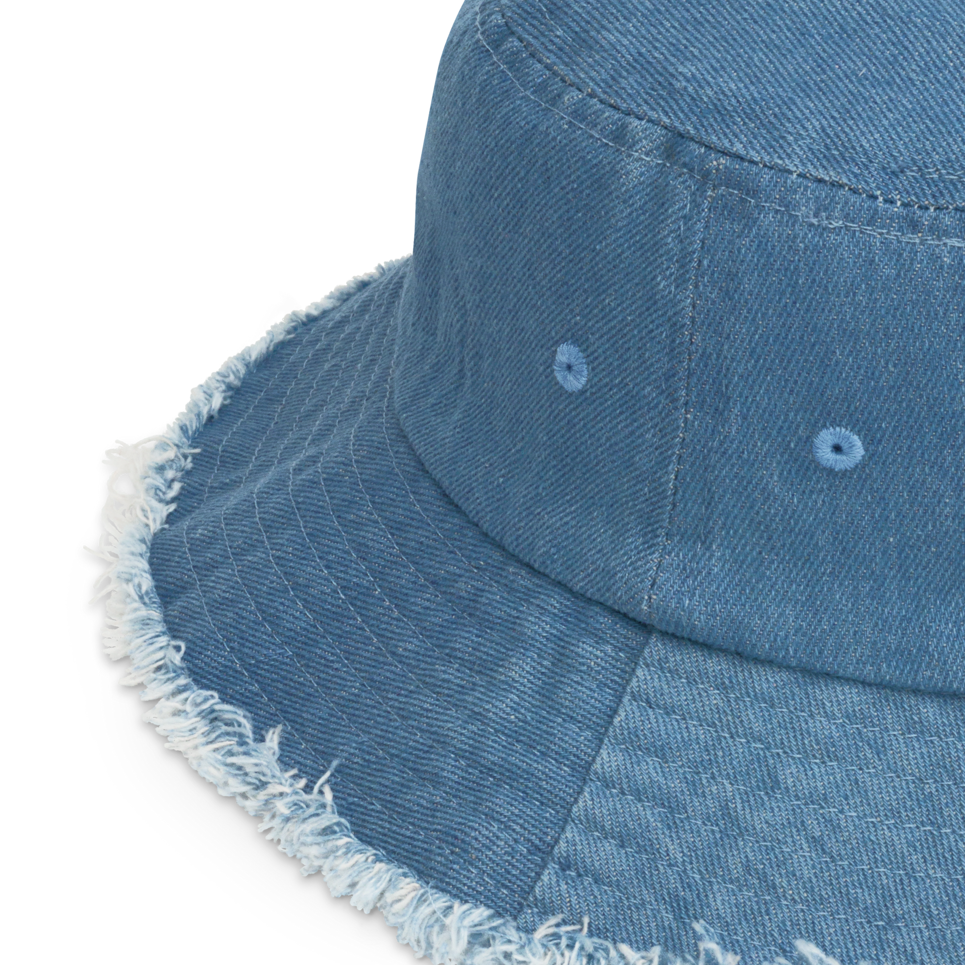Light Denim Distressed Bucket Hat with All Seeing Eye Embroidery - ARAWMANTICKS Back Mockup Detail