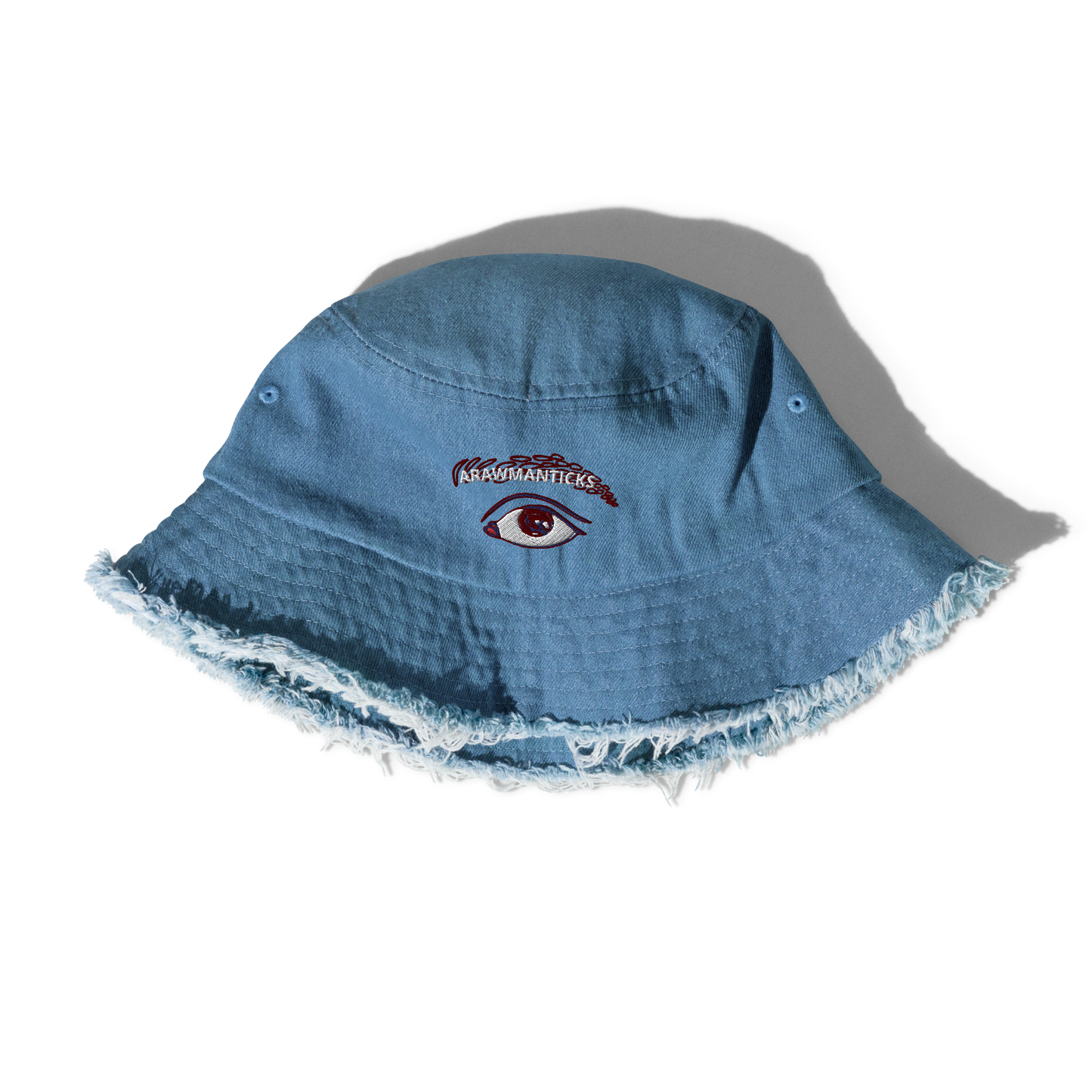 Light Denim Distressed Bucket Hat with All Seeing Eye Embroidery - ARAWMANTICKS Front Mockup